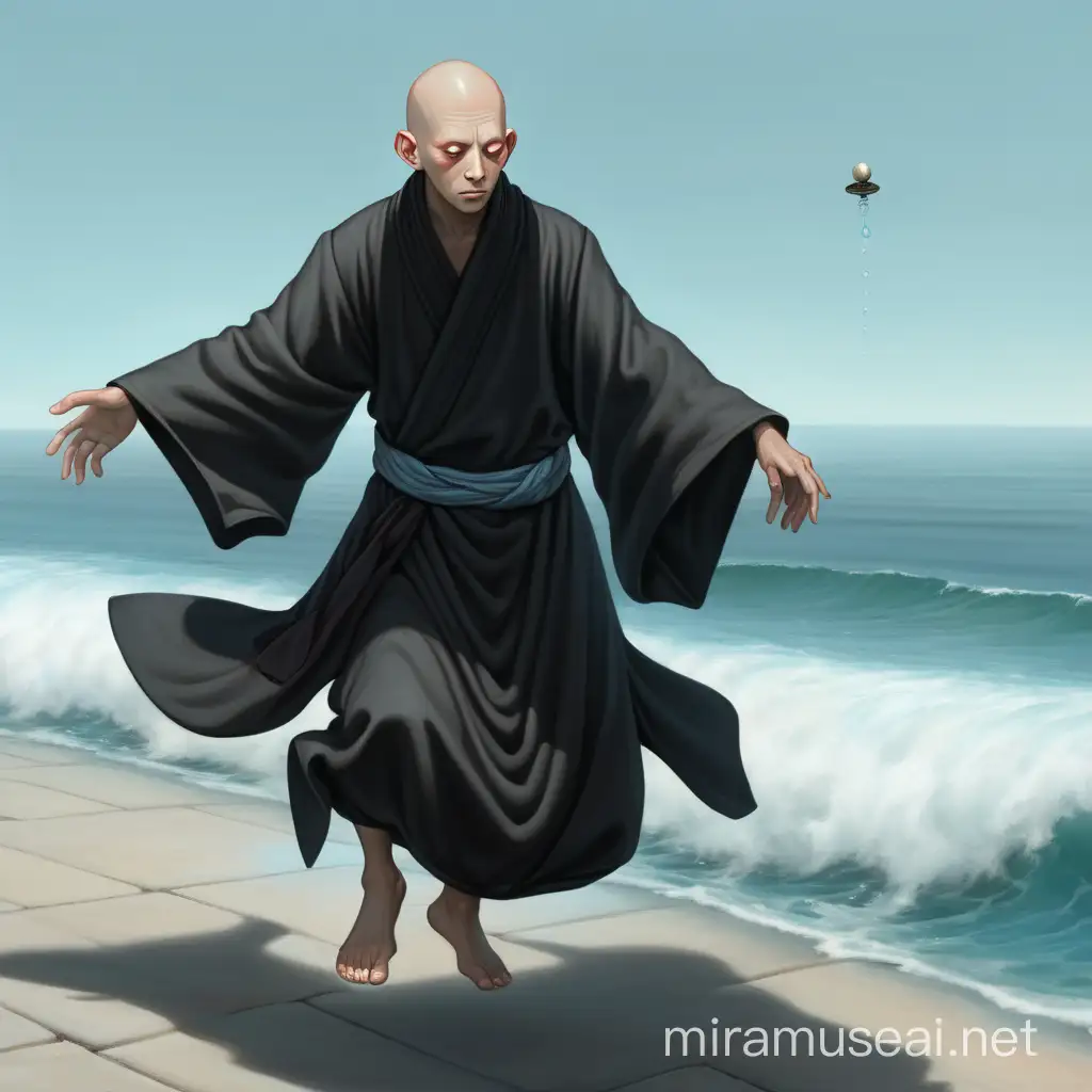 a bald monk with white eyes levitating above the sea. He is wearing a black long robe with no shoes. his skin is light blue