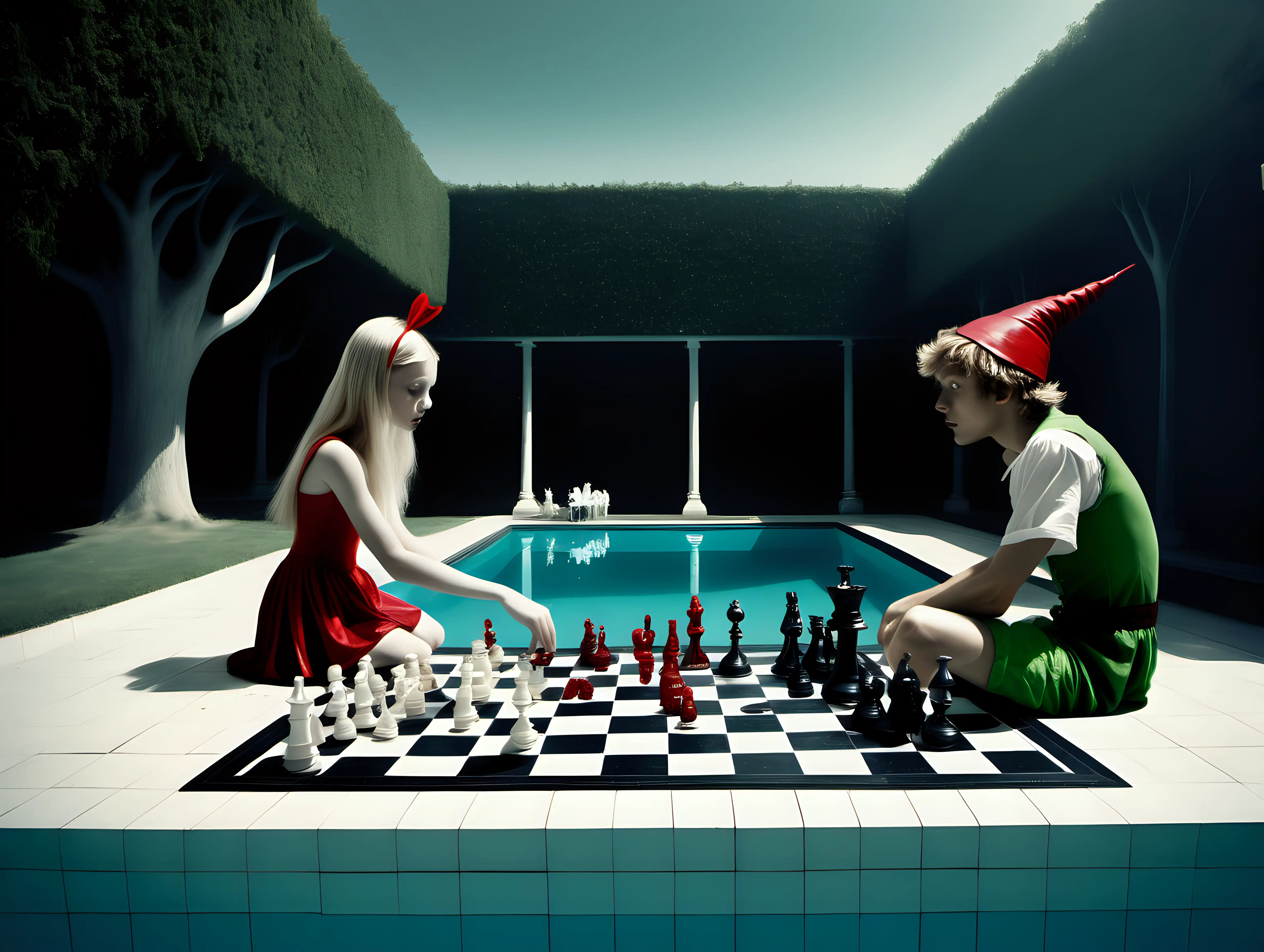 Alice and peter pan playing chess in a swimming pool surrealistic 