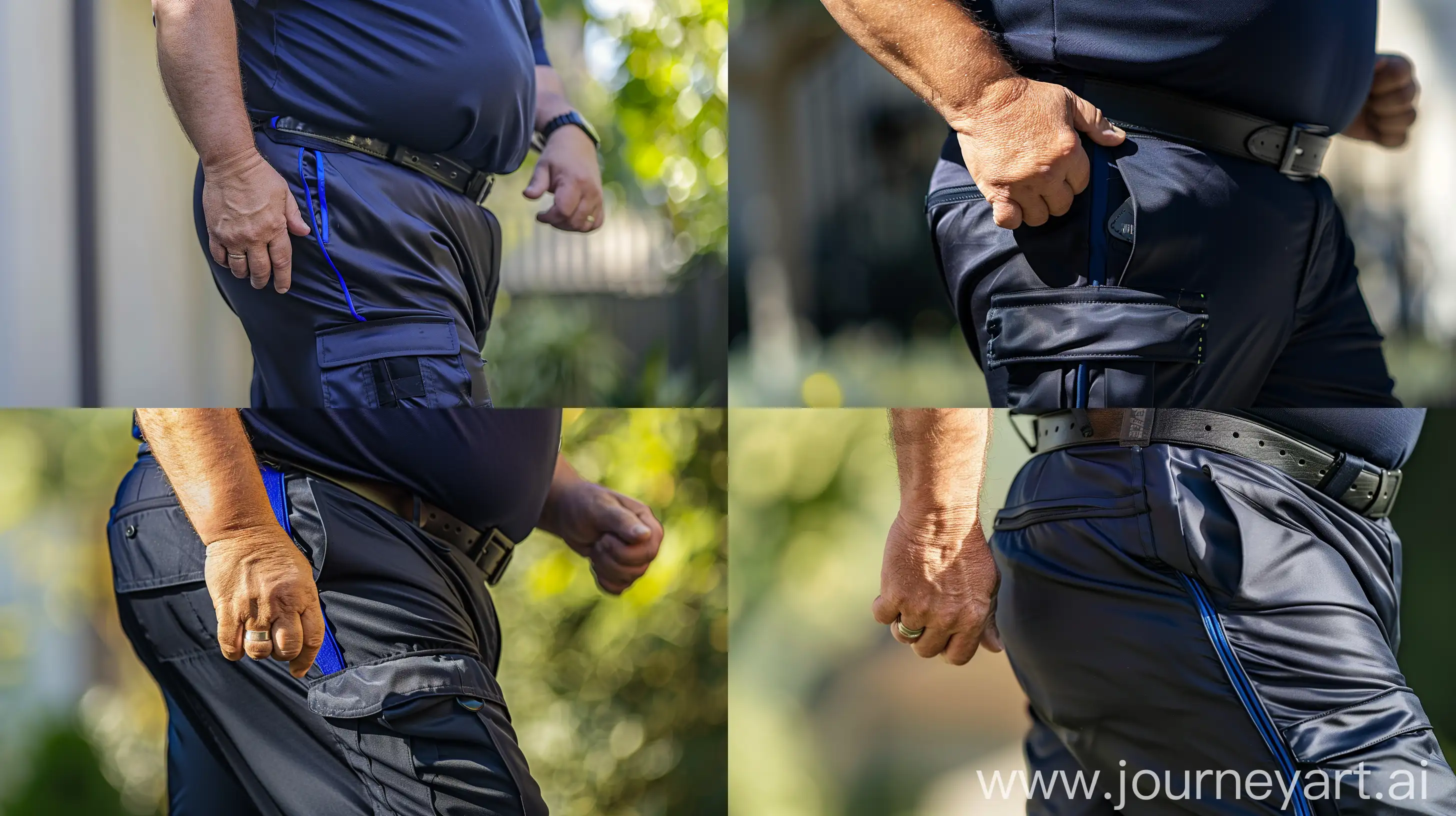 Close-up photo of a fat man aged 60 wearing silk navy blue cargo pants. Very thin vertical royal blue stripe on side of the leg. Tucked in silk navy sport polo shirt. Big black tactical belt. Running. Natural light. --ar 16:9