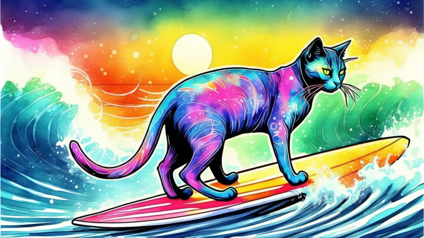 Single Cat, surfing, California, in the style of watercolor, detailed, futuristic, neon 