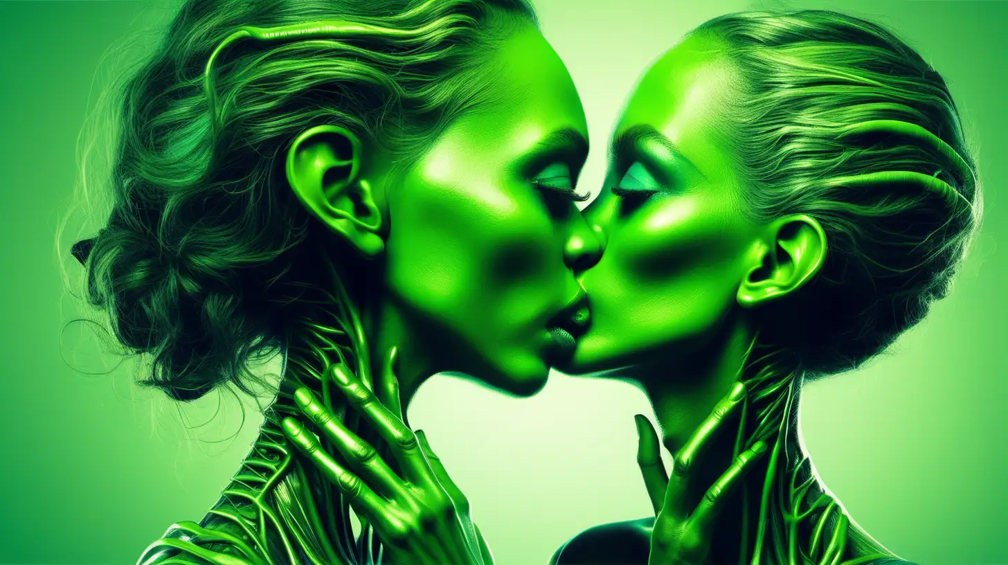 two  beautiful  young green aliens kissing each other with lips touching