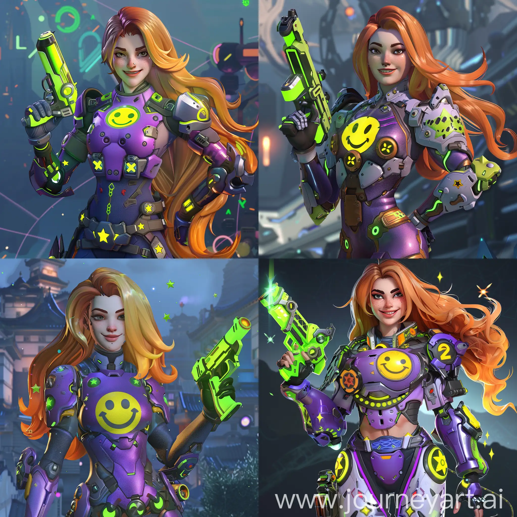 Overwatch-2-Inspired-Character-Selection-Young-Woman-in-Vibrant-Armor-with-Neon-Green-Space-Pistol