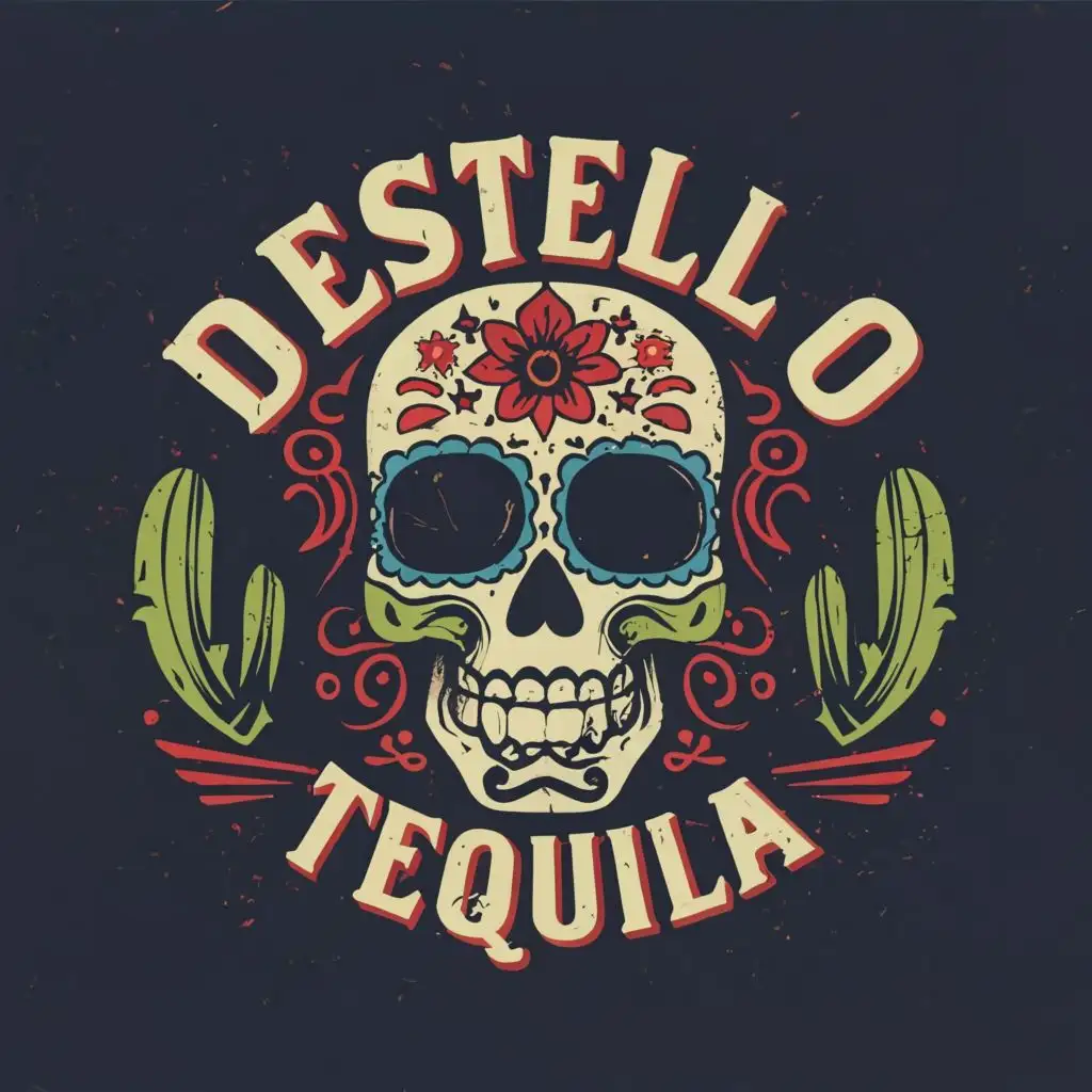 logo, Mexican Skull, with the text "Destello Tequila", typography