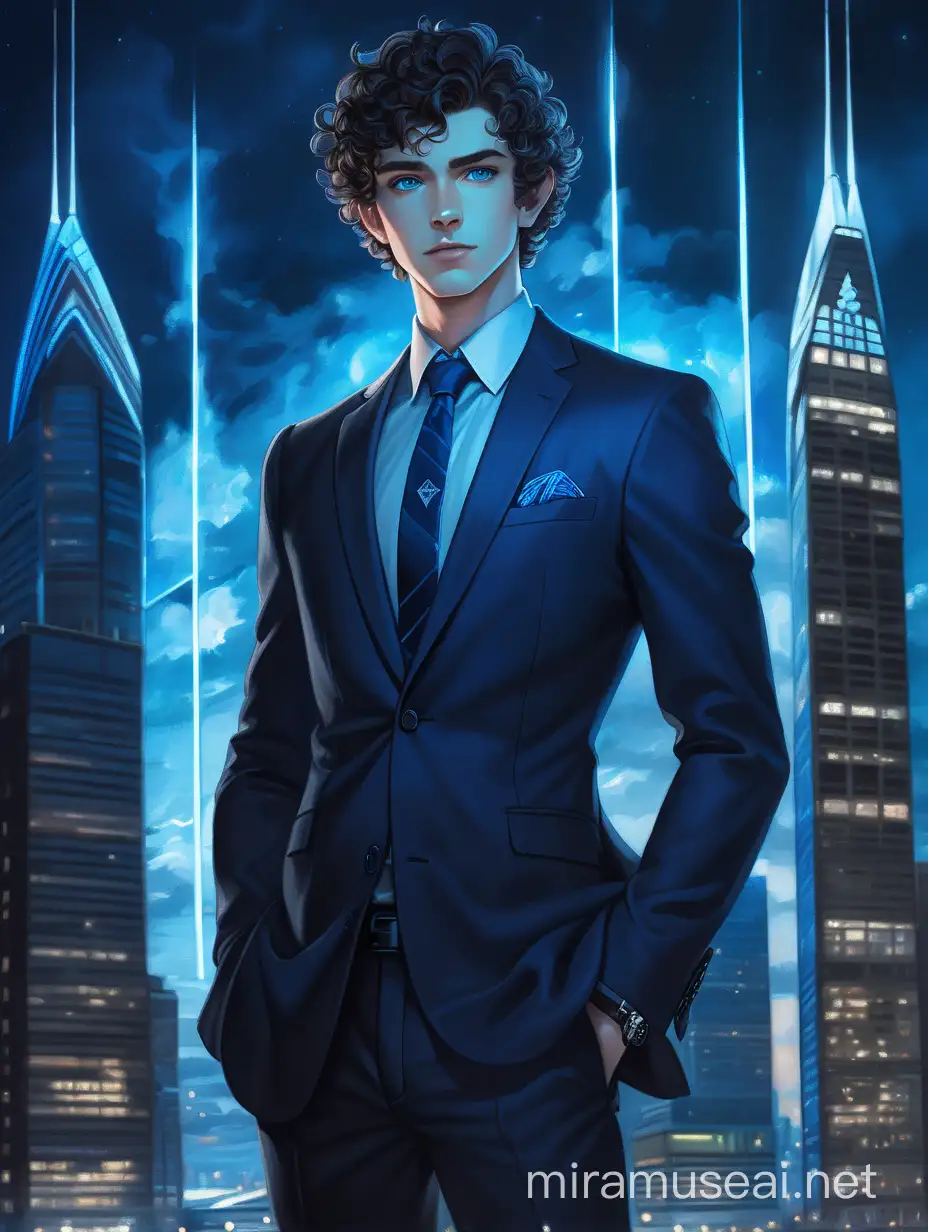 A full portrait of a handsome young man in suit, with Pale skin, short dark curly hair, deep blue eyes and a luminous blue skyscraper behind him, and with blue powers surrounding him in the dark night