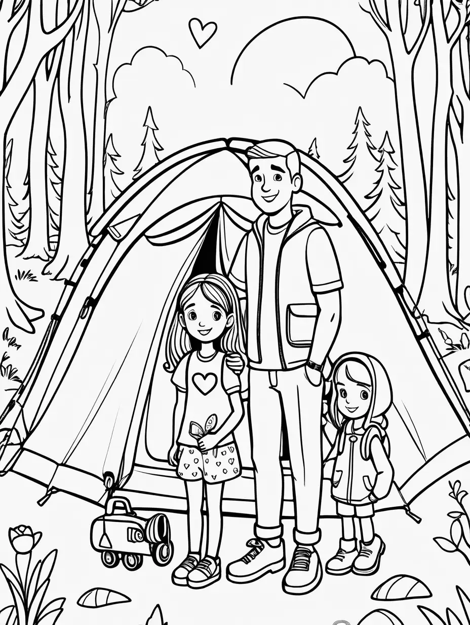 Cute, fairytale, whimsical, cartoon, younger Daddy and daughter Valentine's Day camping, extremely simple, black and white, coloring pages for kids cartoon style, thick lines, low detail--no shading --ar 9:11--v5