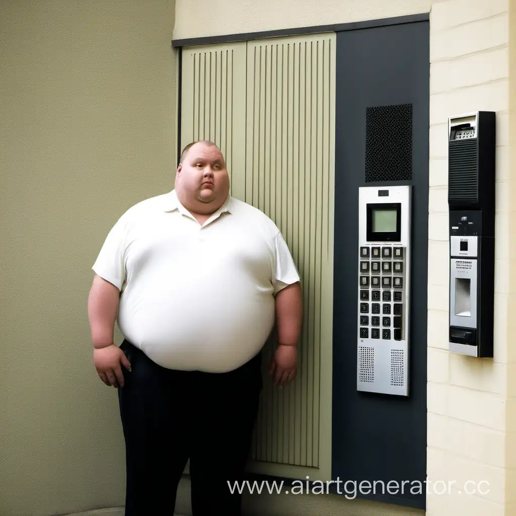 Chubby-Man-Standing-Beside-an-Intercom