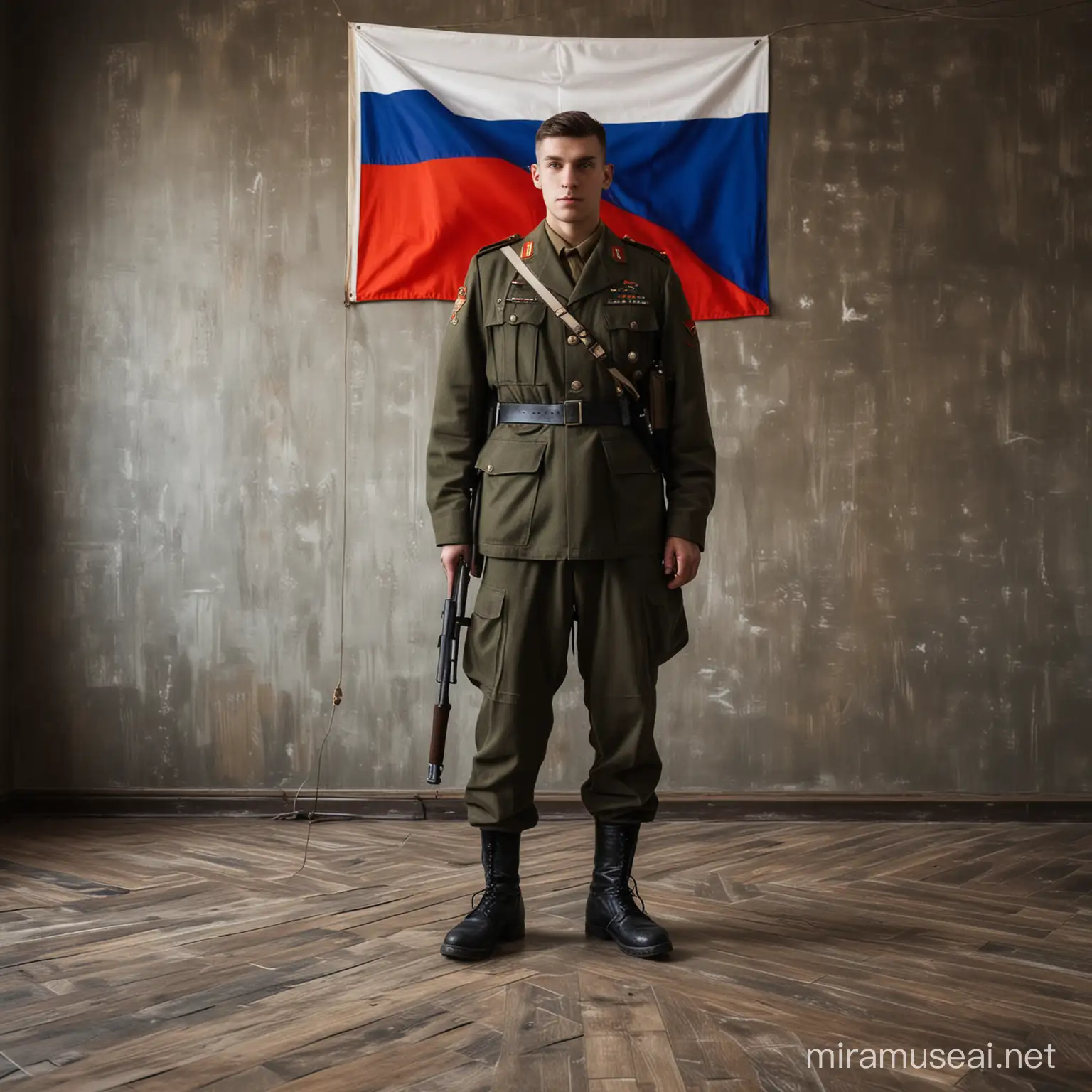 На фоне российского флага стоит 1 человек на пол военной этого времени, на пол военной 2 мировой.