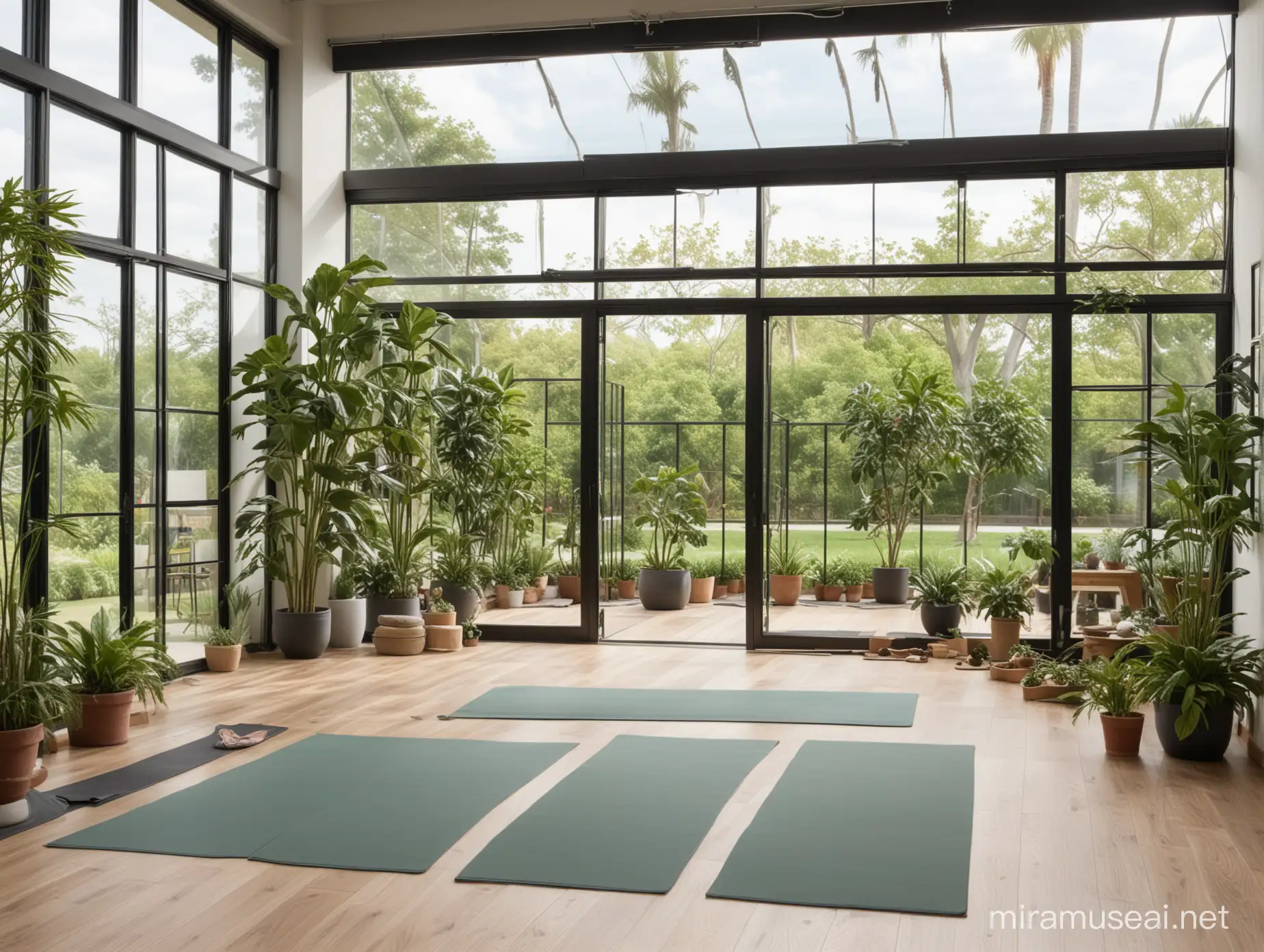 create a yoga classroom with floor to ceiling windows, a window ceiling, lots of green plants, several yoga mats inside the room and several yoga mats outside on a patio that can be seen from the window 