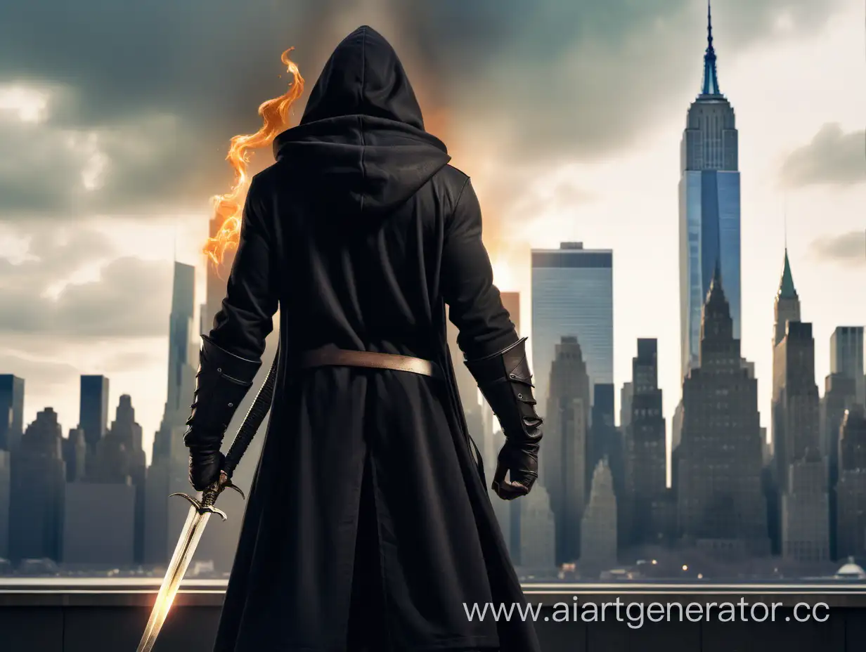 A tall, thin, dark-haired man in a hood stands with his back against the backdrop of skyscrapers in New York. He has a sword in his scabbard, and his right palm is on fire, like a magician's. The sword is like a relic, large and stately, radiating light. A blonde with long wavy hair is standing next to her
