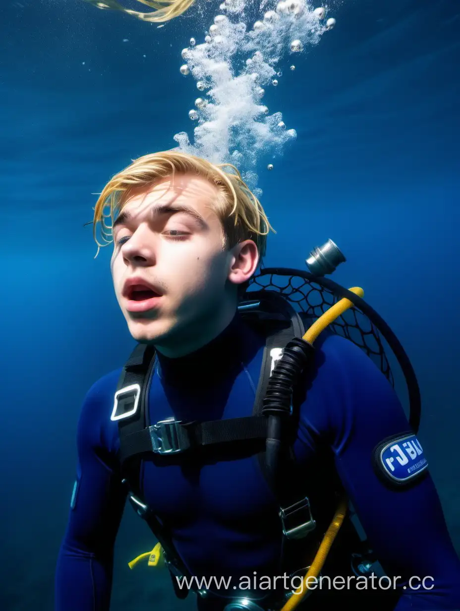 Cute, blond, athletic 18 year old male scuba diver tangled in nets deep underwater.  He is wearing a blue wetsuit jacket. His eyes are closed, his mouth is open.  A few small bubbles escape his mouth.