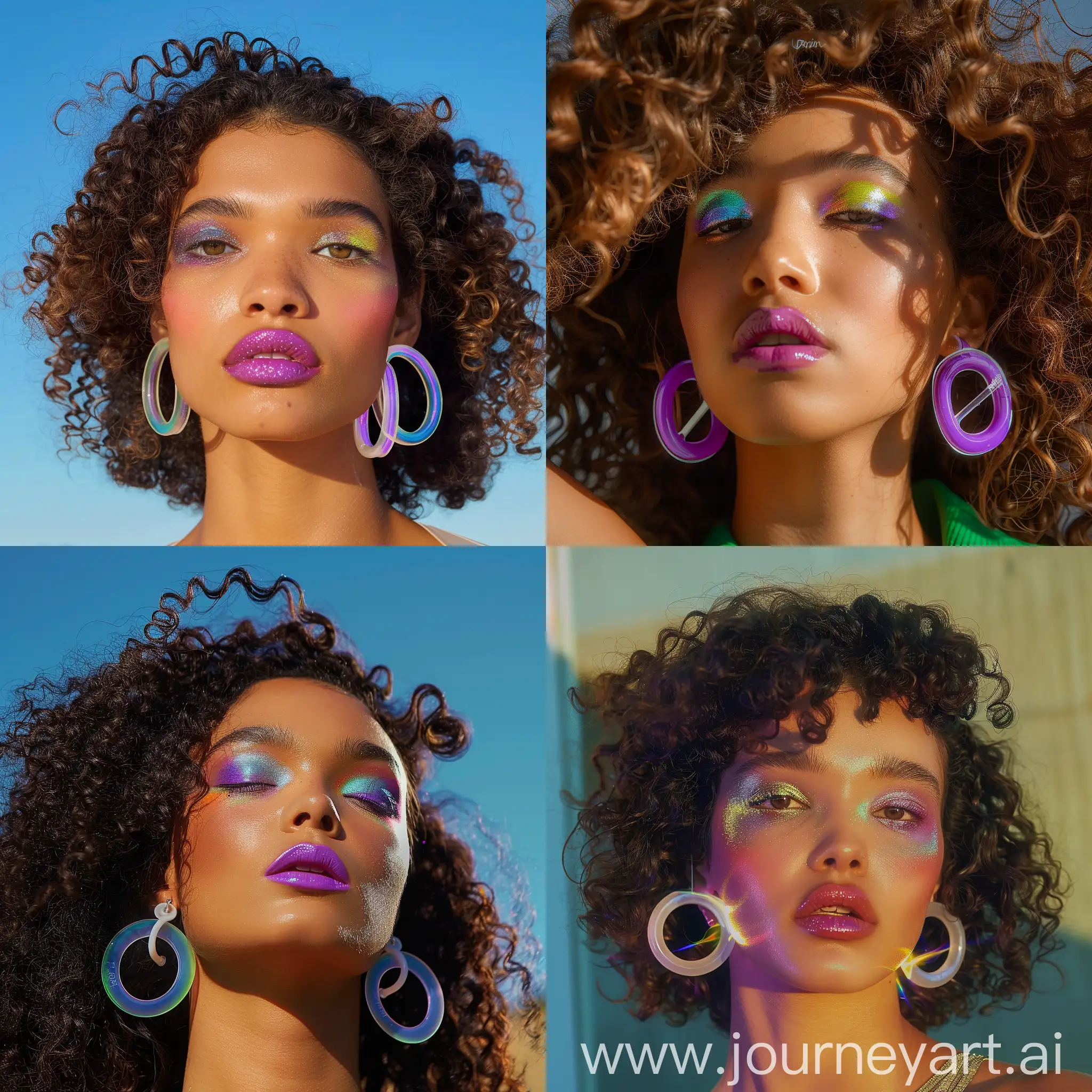 crea servizio fotografico di modella con i capelli ricci , orecchini di plastica a FORMA DI INFINITO, ha un ombretto sfumato con colori iridescenti, ha un rossetto VIOLA elettrico, è perfetta, solare, realistica, alta definizione