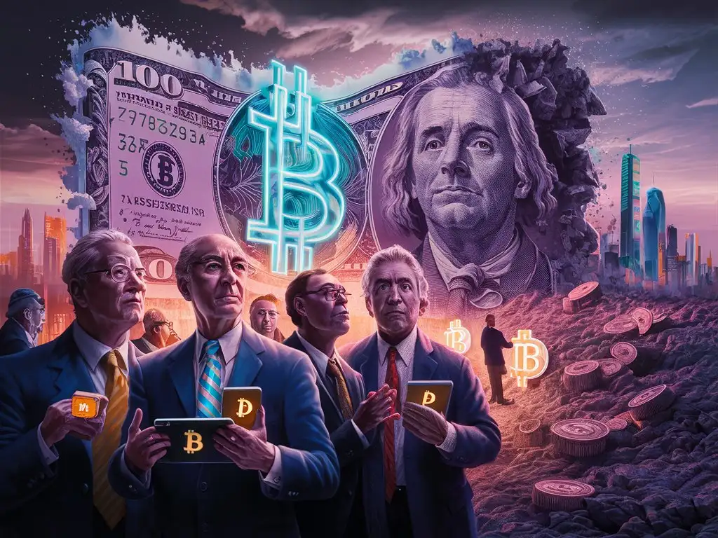 Create an image capturing the midpoint of a transformative journey, where governments and financial institutions are depicted embracing Bitcoin while simultaneously turning away from the traditional dominance of the dollar. The scene should evoke a sense of transition and contrast, portraying figures in positions of authority adopting Bitcoin symbols and technologies, while the dollar symbolizes a fading legacy, perhaps depicted as crumbling or overshadowed in the background.