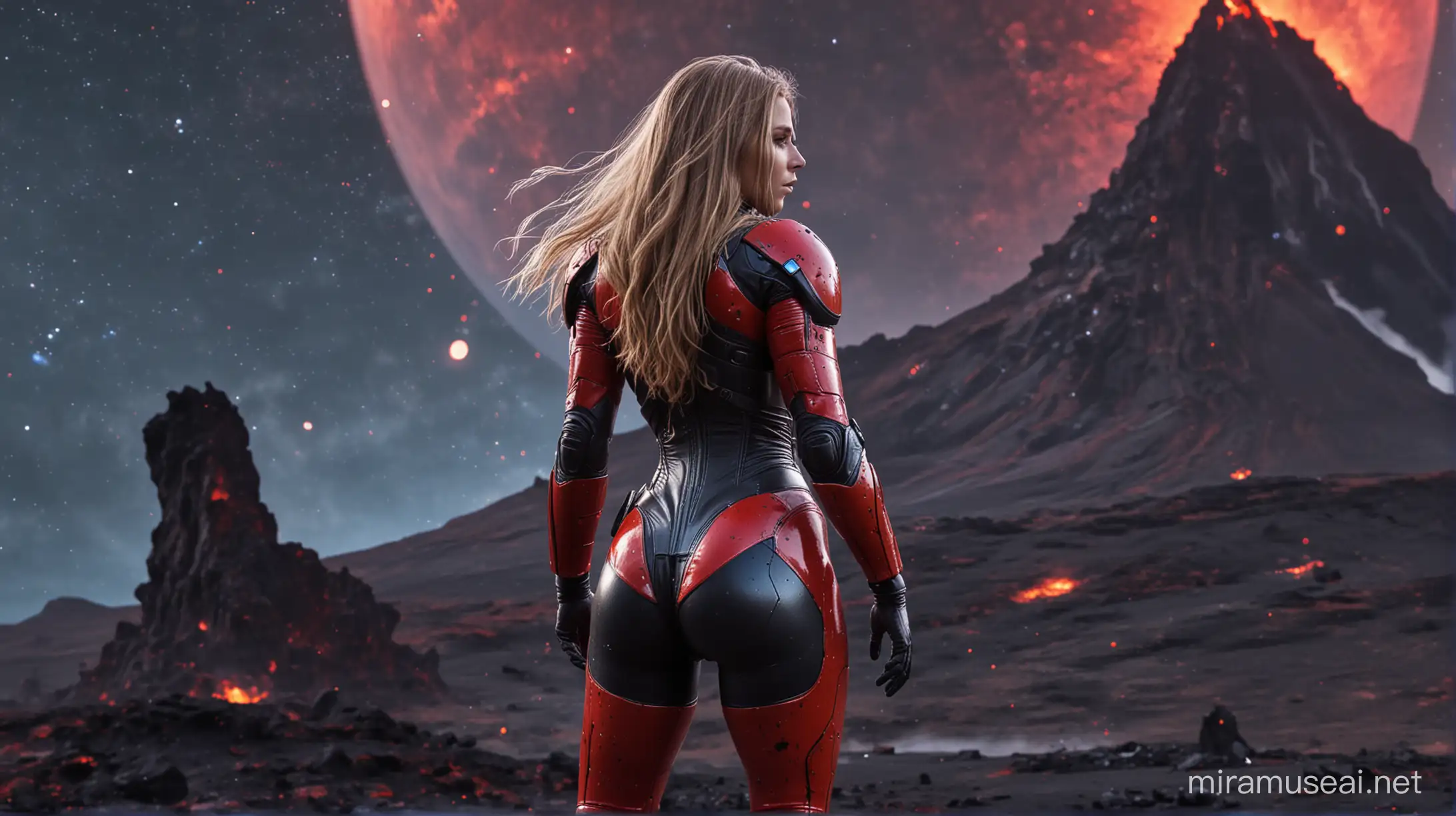 space nordic girl, slim, long hair, wild hair, full body, fitness model, from behind, round butt, wide hips, huge tits, tight spacesuit, armored spacesuit, black and blood red spacesuit, small ultramarine glowing parts on spacesuit, alien volcano planet, colorful galaxie on the sky