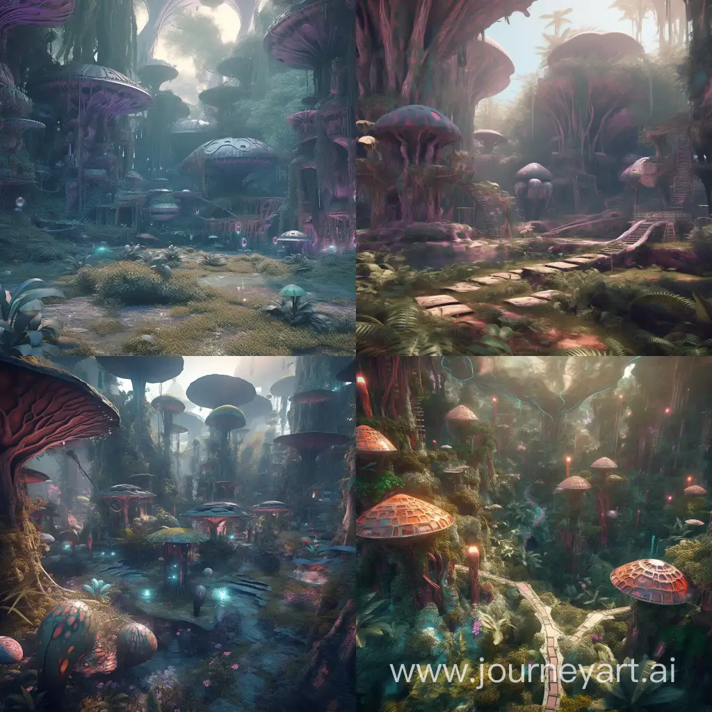 alien village in an alien tropical forest, on an alien planet, ultraphotorealistic, ambient occlusion lighting alien, otherworldly, enchanted, fantasy, futuristic, outlandish, whimsical, trippy, imagination, psychedelic colors, mysterious fantasticalfractal,microfractalpunk,ultraenergypunk,fractalneonpunk --v 5.0