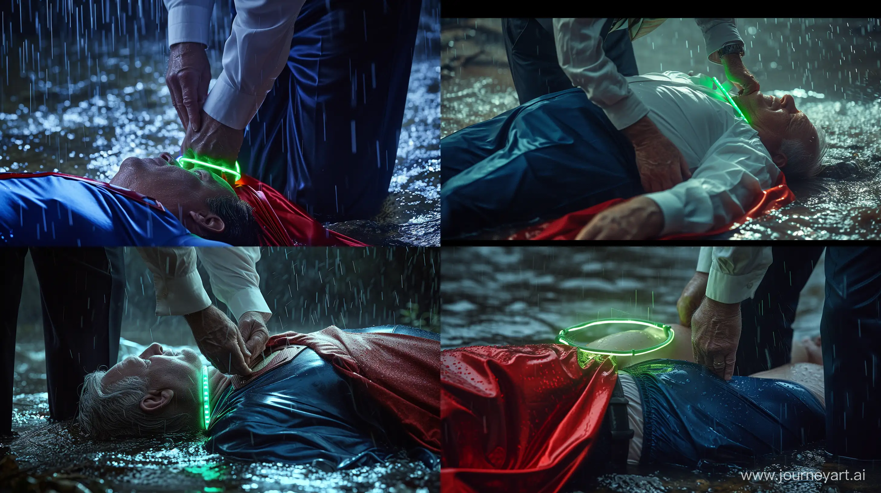 Close-up photo of a fat man aged 60 wearing silk navy business pants and a white shirt. He is tightening a tight green glowing neon dog collar on the neck of a fat man aged 60 wearing a tight blue 1978 smooth superman costume with a red cape lying in the rain. Natural Light. River. --style raw --ar 16:9