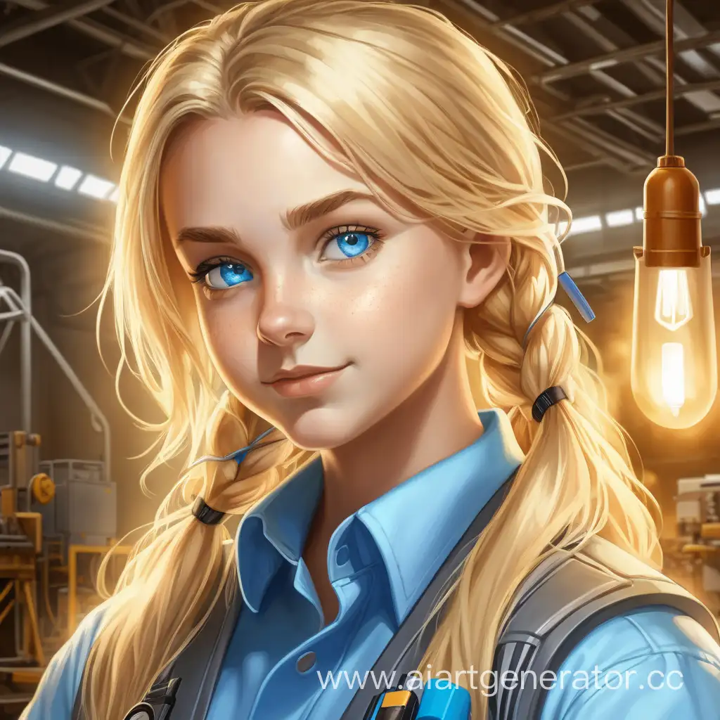 Инженер девушка с русыми волосами и голубыми глазами за работой с тёплым освещением