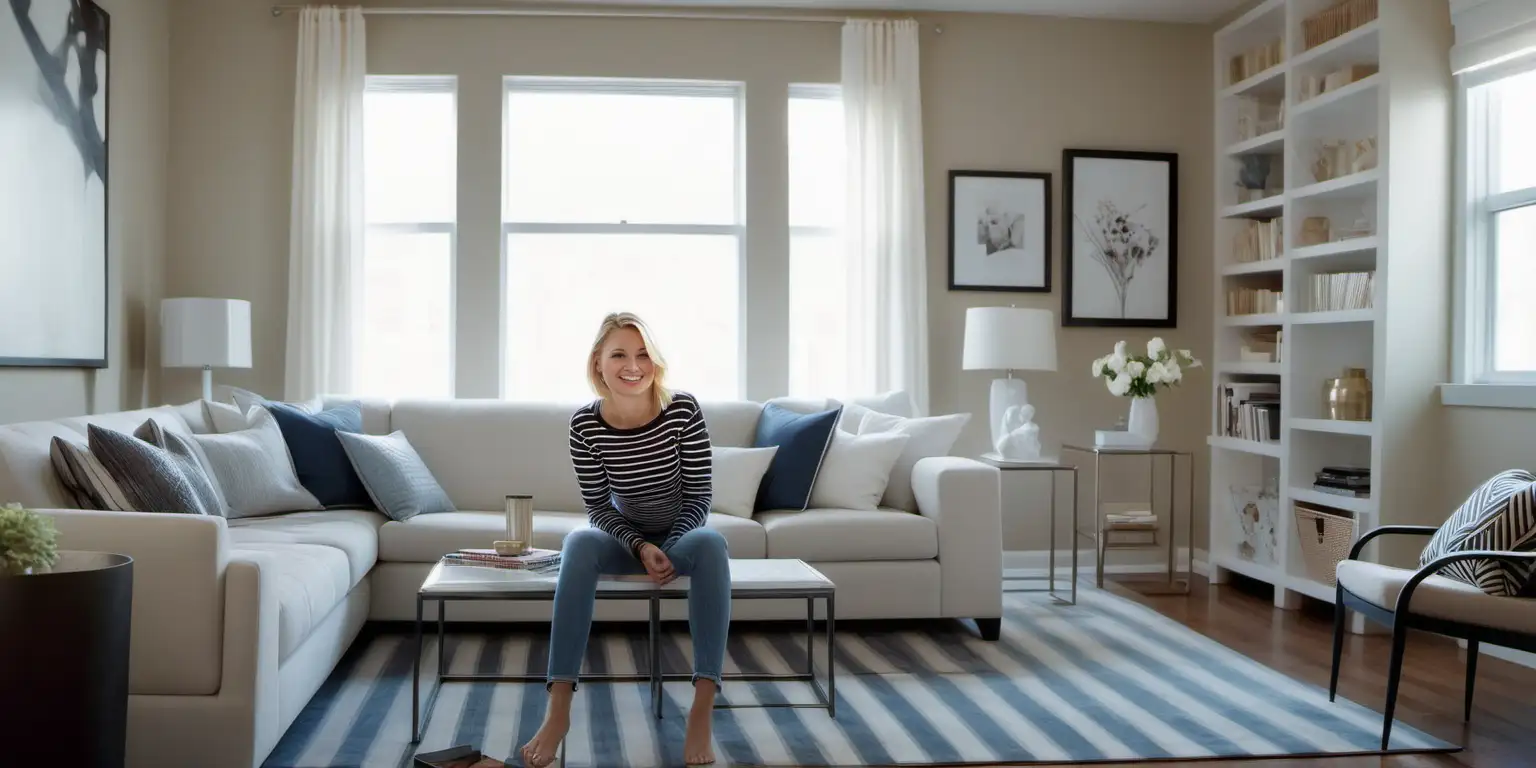 Chic Living Room Bliss Smiling Blonde Woman in Trendy Attire