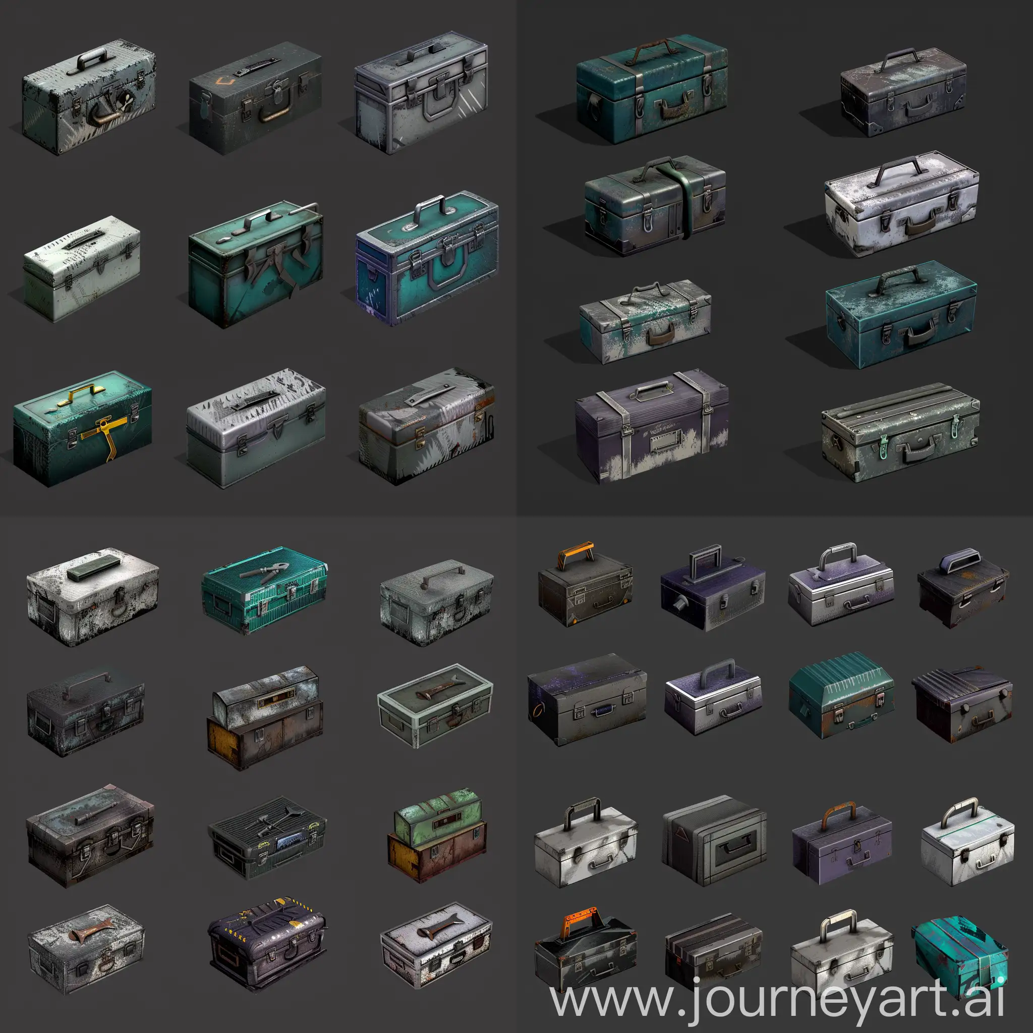 https://i.imgur.com/9T6eIaH.png isometric set of old instrument kit repair tools metal boxes without details in style of unreal engine 5, isometric set, orthographic projection, ultrarealistic style --style raw --iw 2