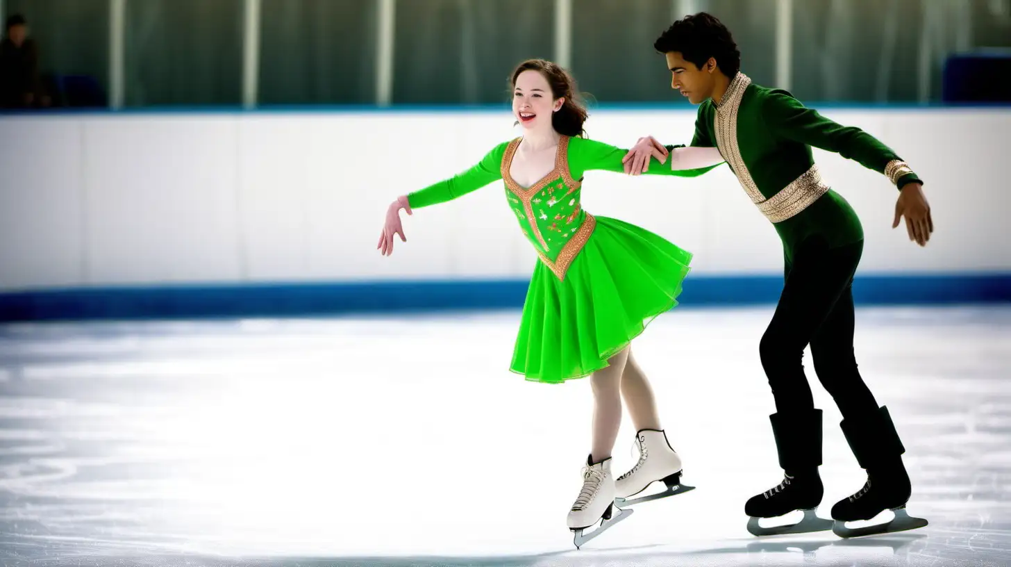 Anna Popplewell, , dans patinoire très bien éclairée, tenue de patnage artistique grasse green et patins à glace pose de patinage artistique en couple avec un jeune homme indien des andes tenue de patinage artistique et patins à glace