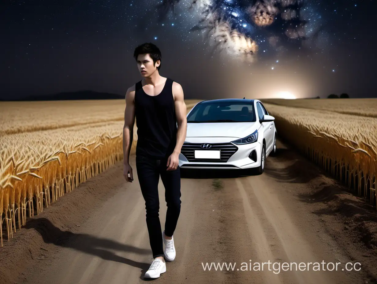 Starry-Night-Stroll-DarkHaired-Man-Walking-Along-a-Winding-Dirt-Road-with-Hyundai-Solaris-2017-Sedan