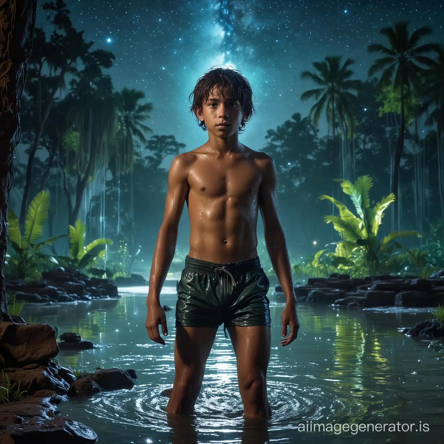 A sexy shirtless muscular sweaty wet Mowgli. The boy must be very athletic and muscled. His feet on the water of an oasis in the ruins of an cambodian temple in a jungle. At night. With blue and green neon colors ambient. The sky is full of stars with a huge galaxy.