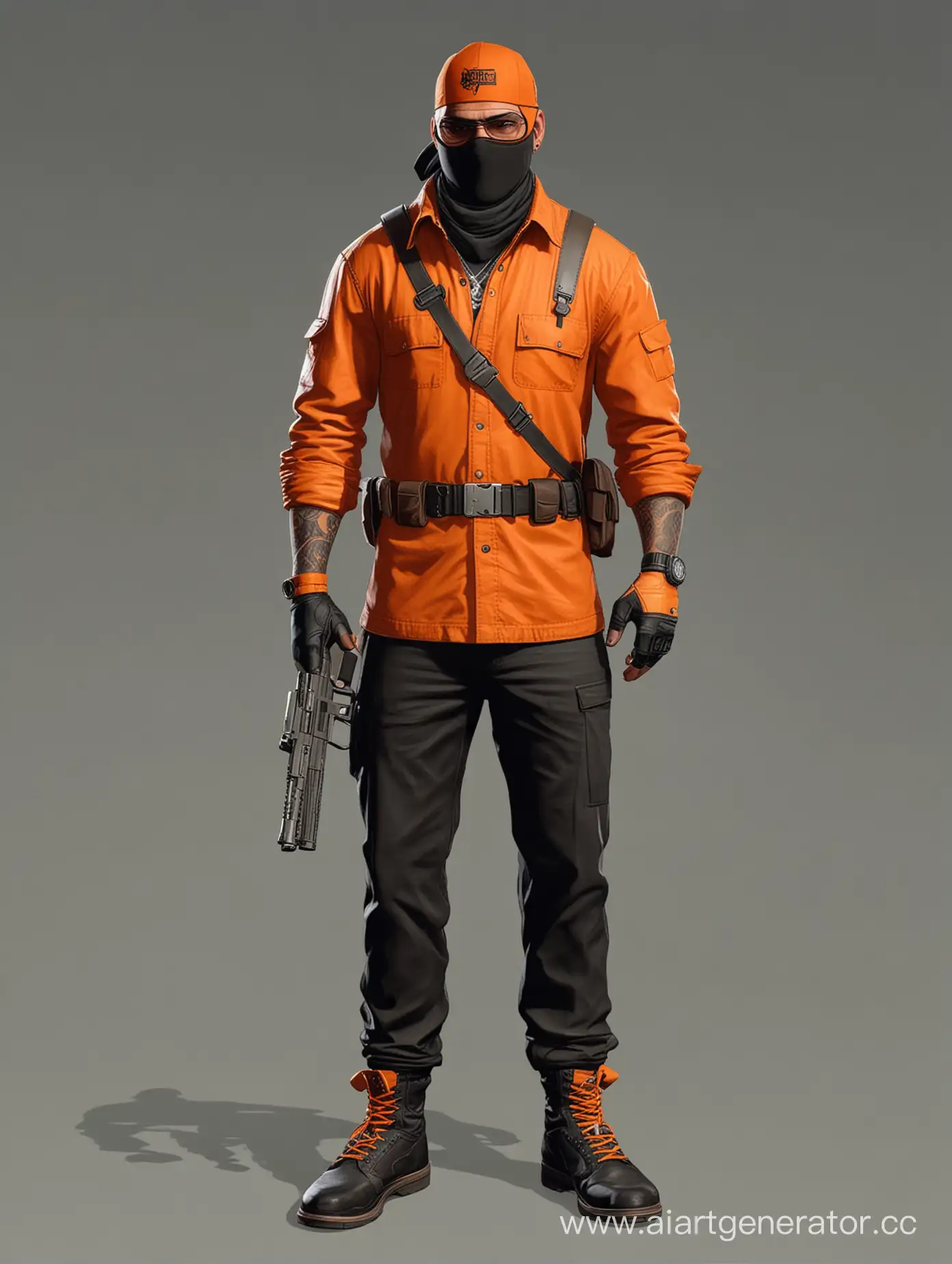 Нарисуй бандита в стиле гта 5 онлайн, в оранжевой одежде, в полный рост, с оружием в руке, больше деталей