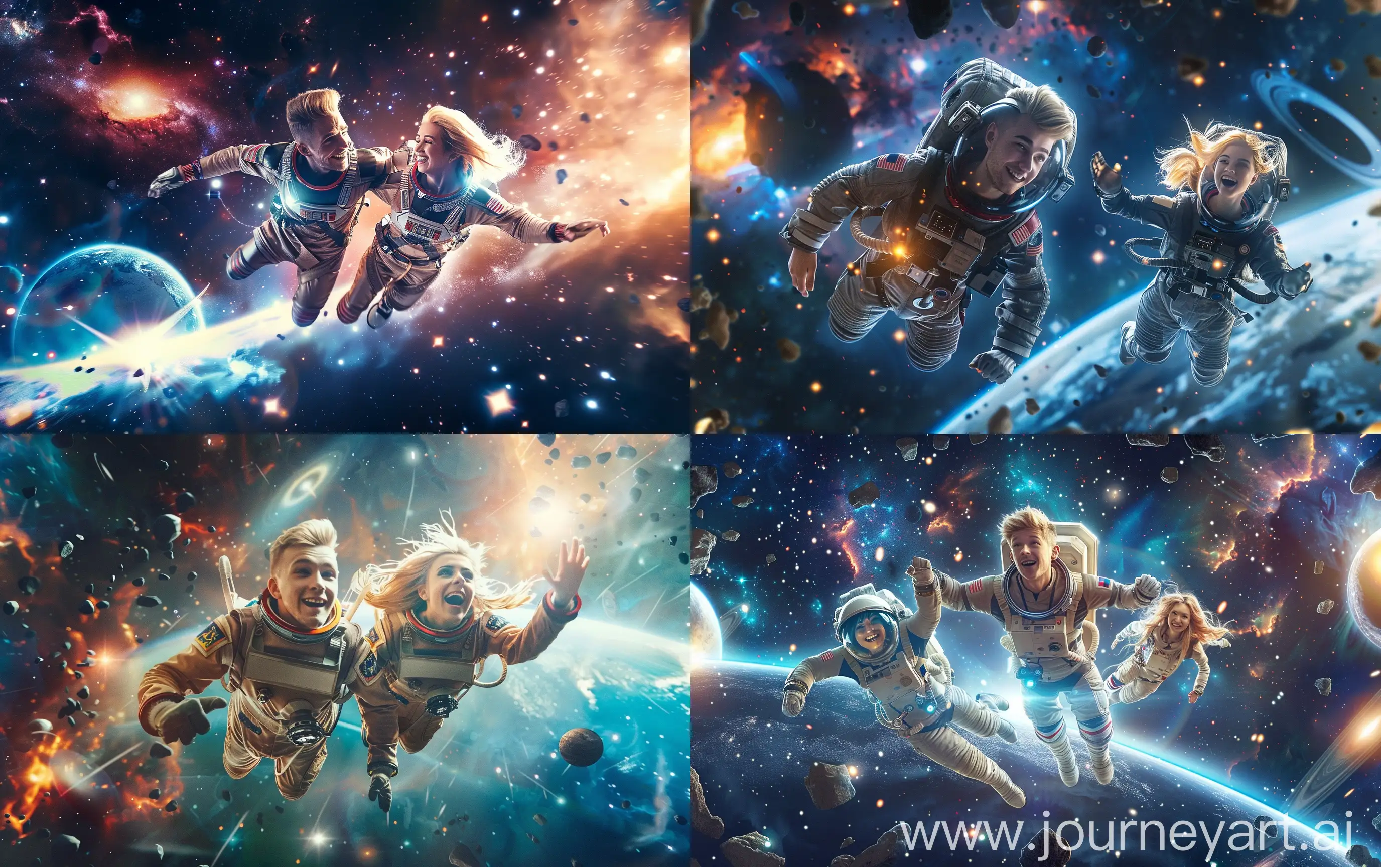 A 25-years-old fair-hair man and a beautiful blond woman fly in space on a planet orbit, they are happy looking to each other, they are wearing futuristic simple spacesuits, deep space on background with bright galaxies and a nebula and a comet, realistic, hi resolution, cinematic --ar 16:10