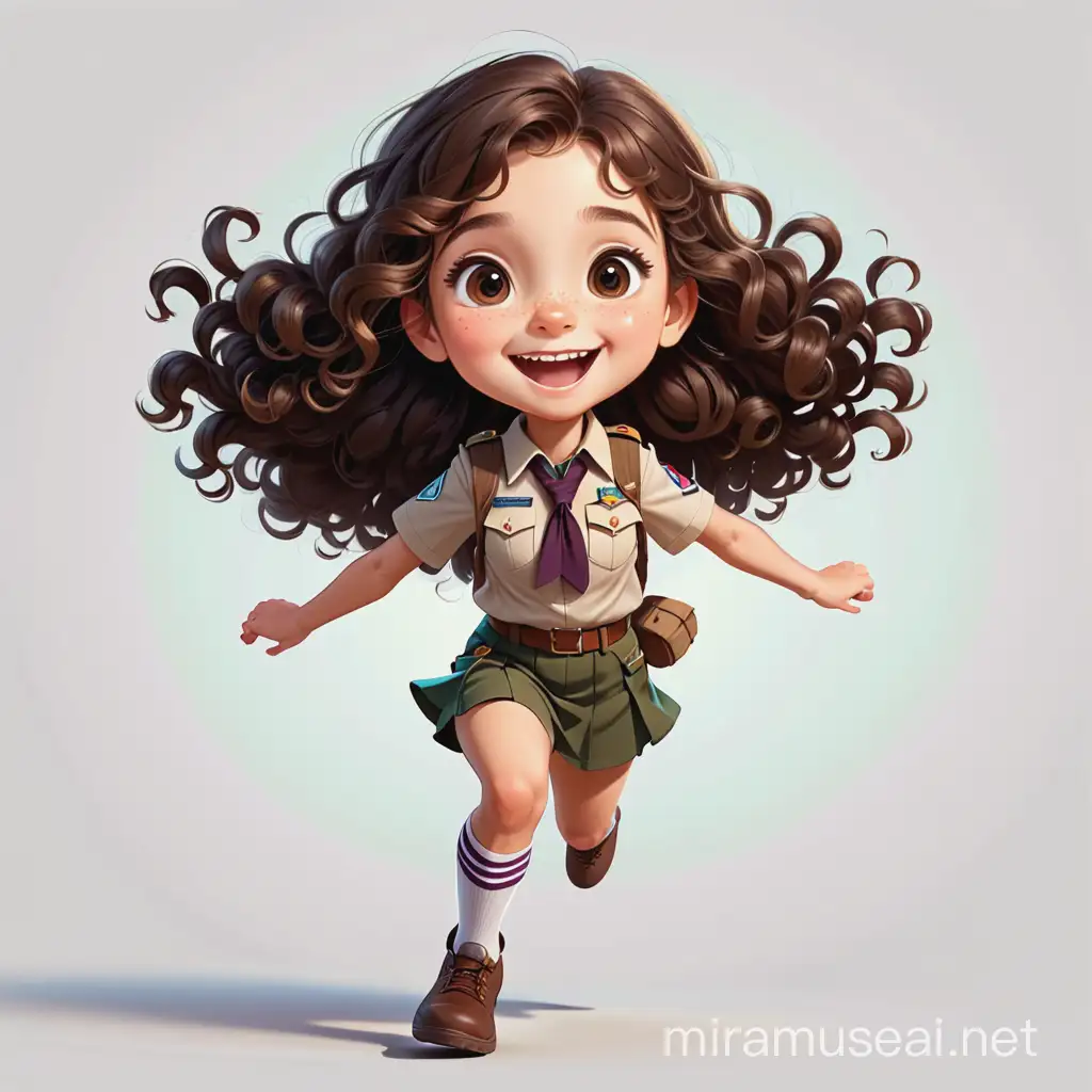 a very happy and jumping female kid have 10 years old , have a long curly brown hair , big dark brown eyes, round face, light skin , scout uniform. cartoon type
