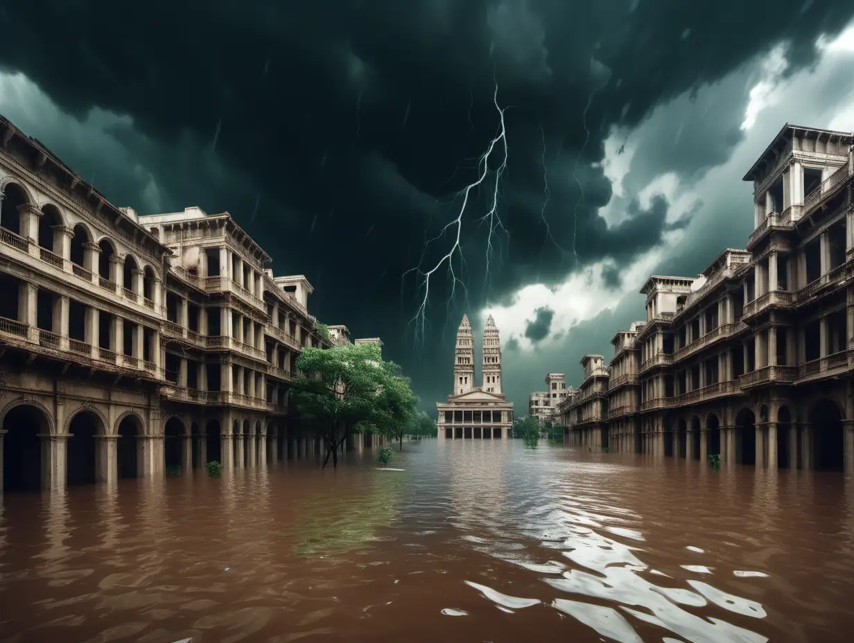 Dramatic Storm Over Ancient City Majestic Skyscrapers Amidst Flood