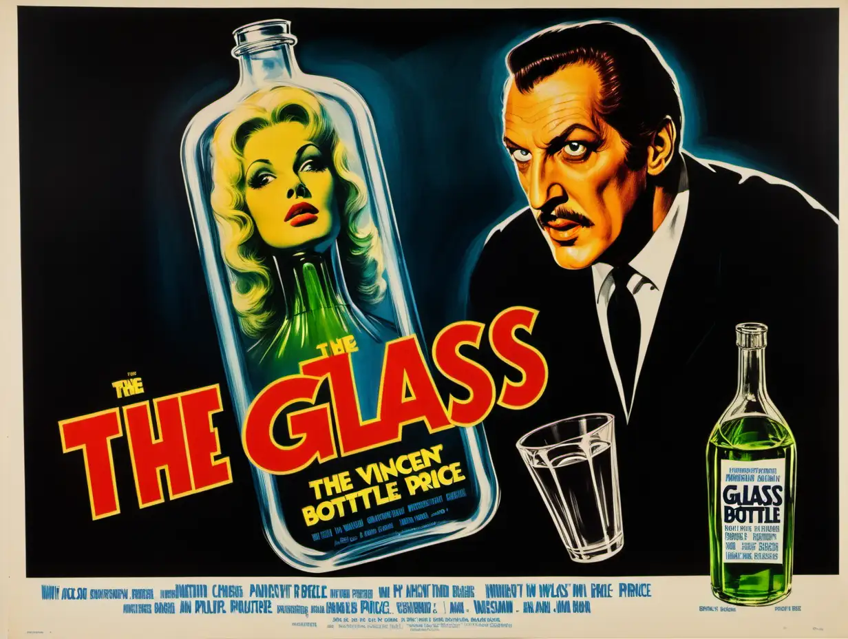 film poster in the style of American International Pictures, 1960s, film with Vincent Price, title is “The Glass Bottle”