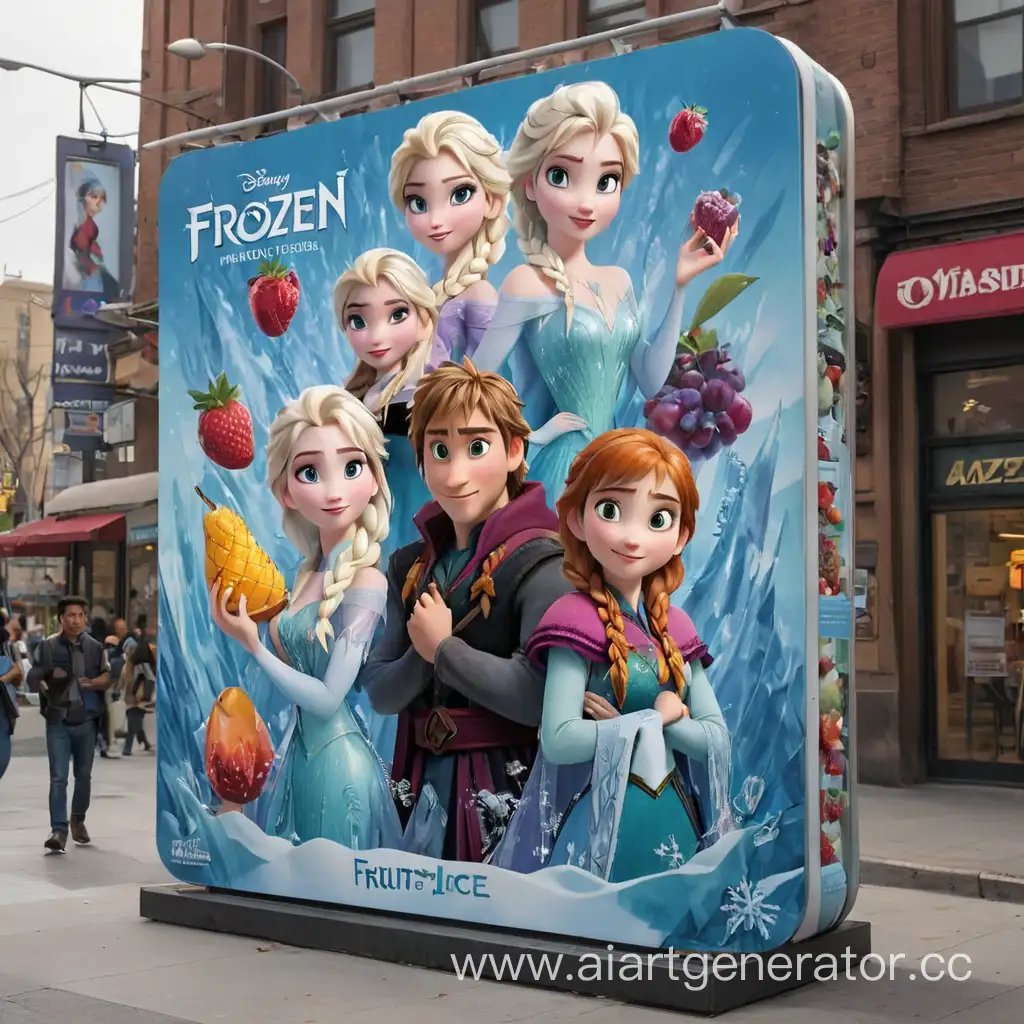 Рекламный билборд фруктового льда в упаковке с героями из мультфильма холодное сердце 