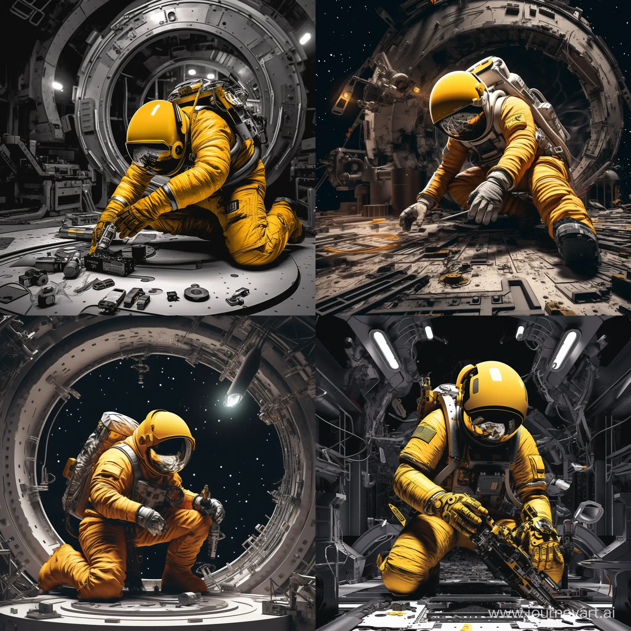Astronaut-Repairs-Spaceship-in-Striking-Black-and-Yellow-Tones
