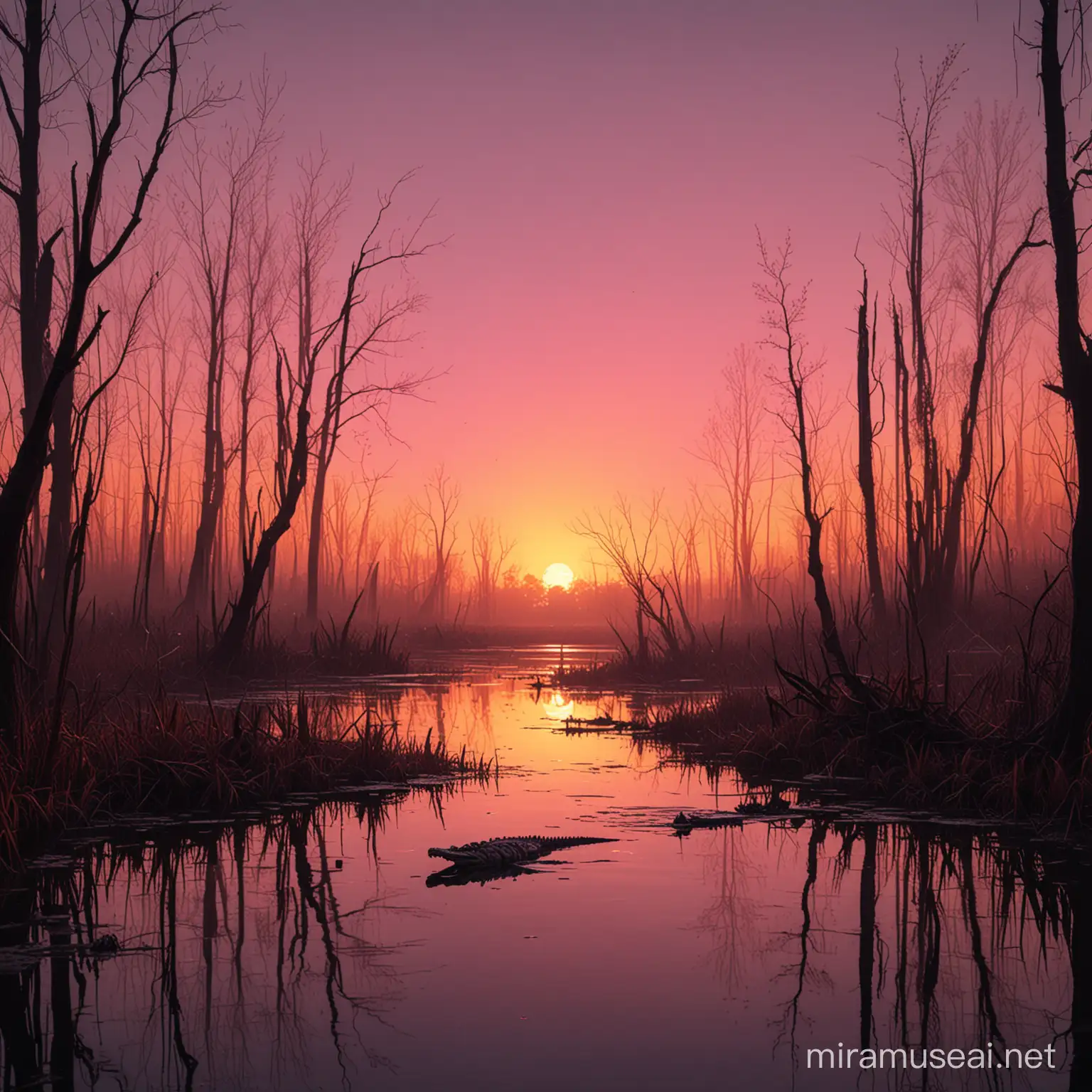 a creepy swamp backlit by a setting sun with pink and orange hues, with a crocodile hidden in the water.
pixelated
