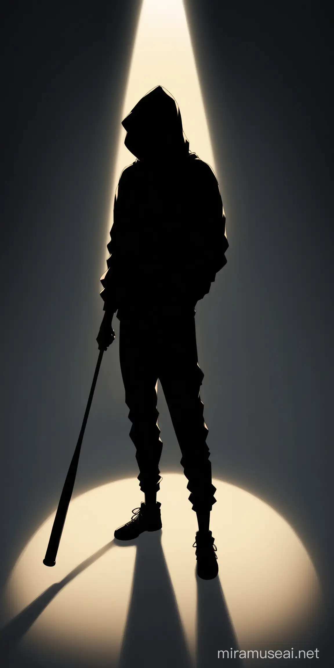An image of full body shadow of an anime male character wearing hoodie and holding baseball bat