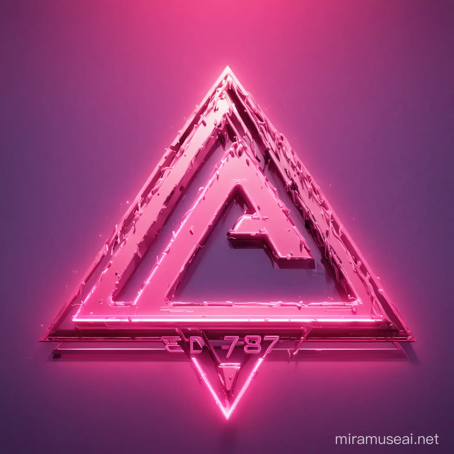 Logo of a synthwave band called ED - 87 in vaporwave style with pink lights and chrome letters in a metal triangle.