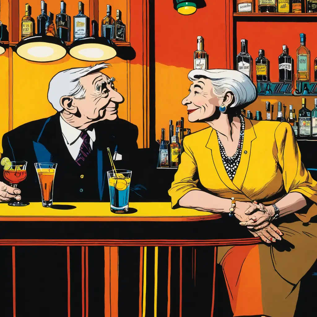 case de bande dessinée ligne claire :: sublime et magnifique couple devieillards  dans un bar de jazz peinte par Hergé :: décor de Bar à cocktails with low contrast palette subltle and soft par Edgar P. Jacobs