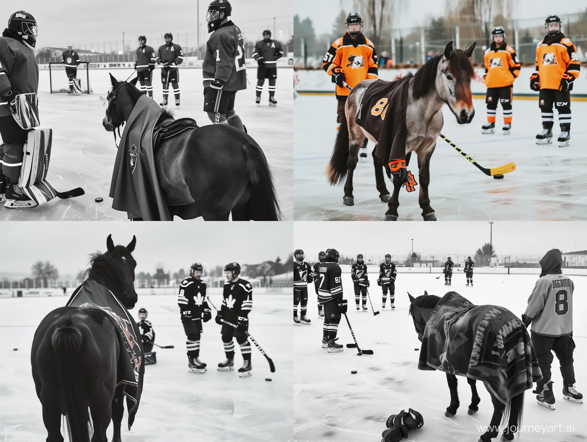 Hockey-Players-Admiring-Horse-on-Ice-Field