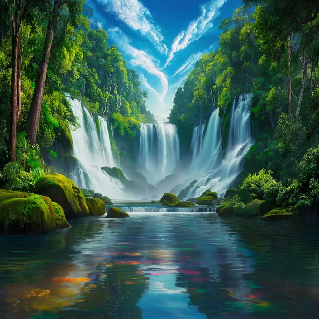 In the midst of a dense and lush forest, there lies a mesmerizing waterfall. The waterfall flows swiftly from a great height, forming a stunning curtain of white water amidst towering green trees. Sunlight filters through the foliage, creating colorful reflections that dance upon the serene surface of the water below. Around the waterfall, large rocks covered in green moss add to the natural and mystical ambiance of this tranquil environment. In the distance, a vast expanse of blue sky stretches overhead, adorned with slowly drifting white clouds, creating a captivating contrast with the greenery of the forest. The peaceful atmosphere and breathtaking beauty of nature leave anyone who beholds it spellbound by the unparalleled grandeur of the natural world.