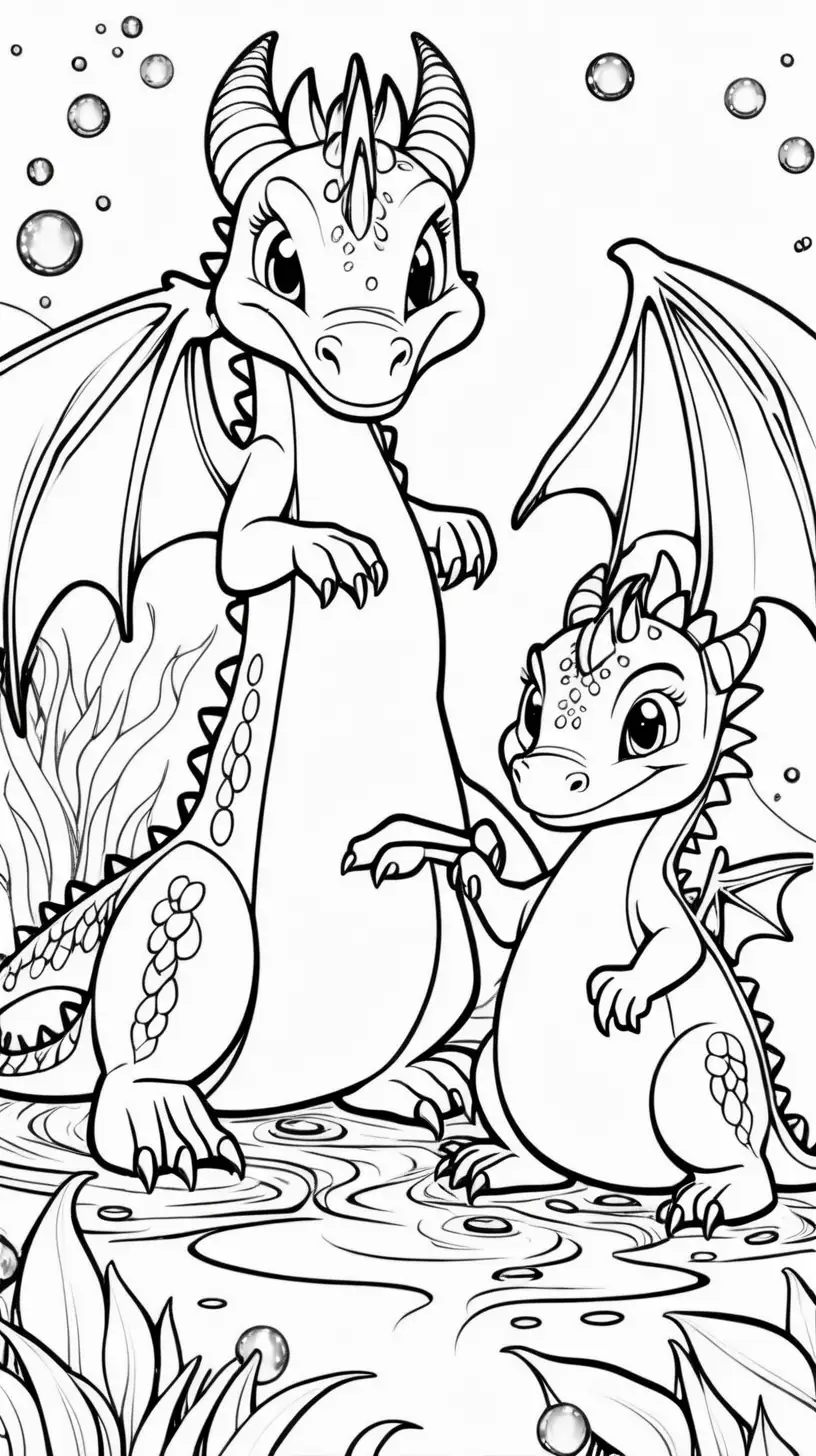 MOMMY DRAGON SHOWING ONE BABY DRAGON A SPARKLING MAGICAL STREAM COLORING PAGE