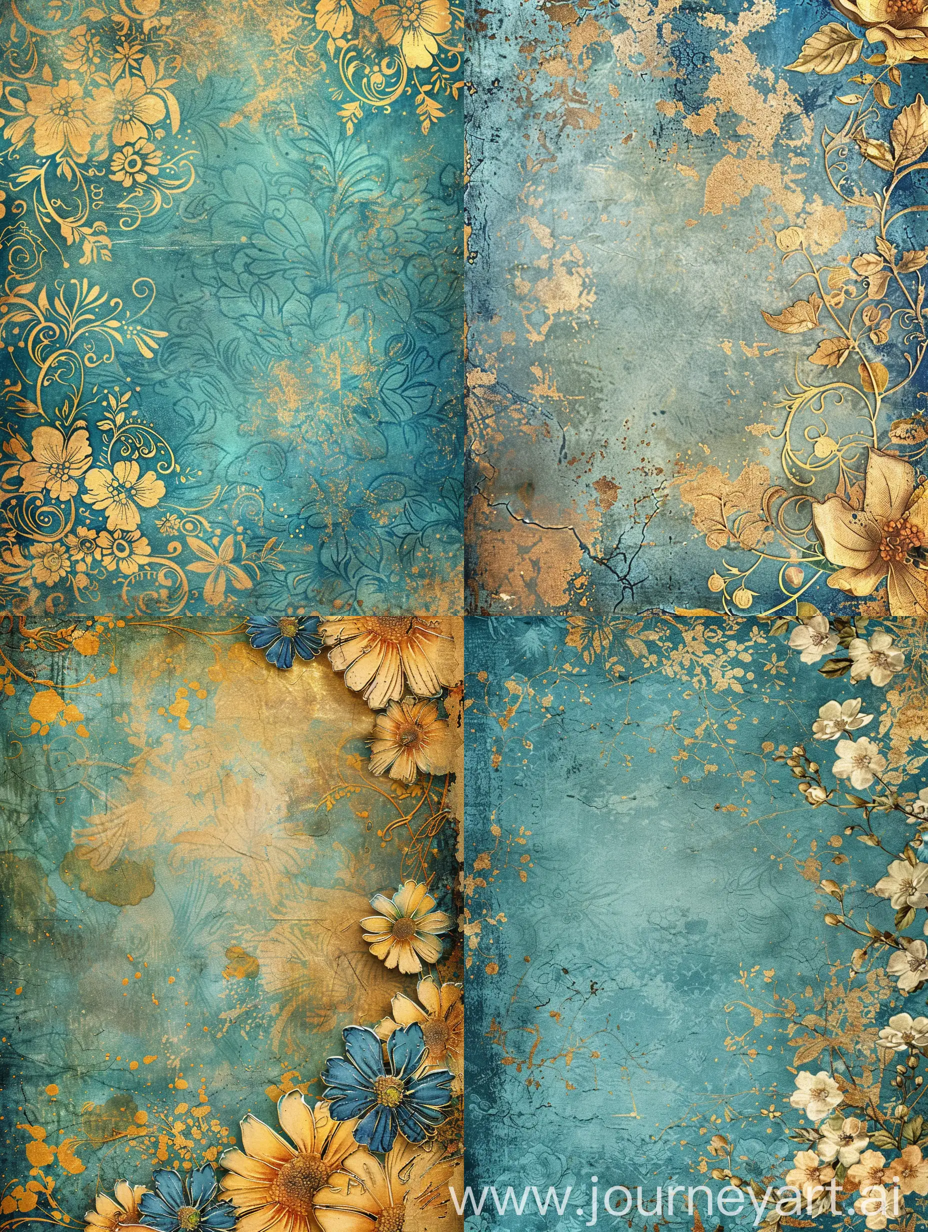 Vintage-Floral-Fantasy-Digital-Paper-with-Blue-and-Gold-Accents