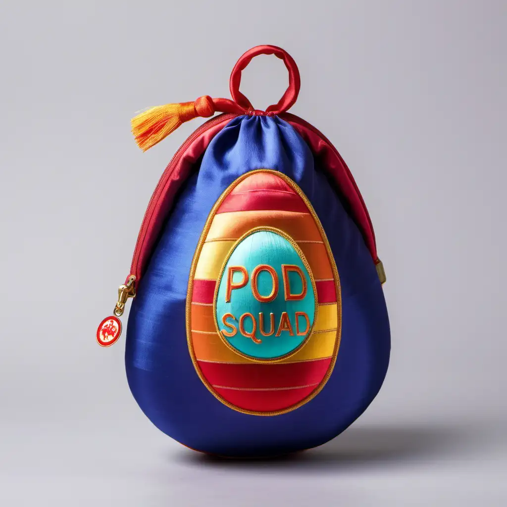 COLOURFUL  LONG ZIP BAG MADE FROM SILK   , BAG IN THE  SHAPE OF A  EGG ,POD SQUAD  BADGE , ZIP LOCATED IN THE MIDDLE OF THE BAG
