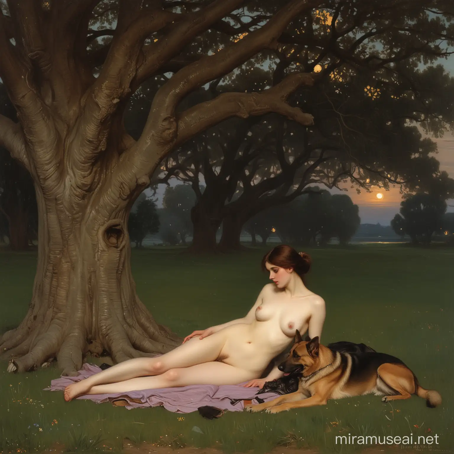 Nude Woman Posing with German Shepherd Under Twilight Oak Tree