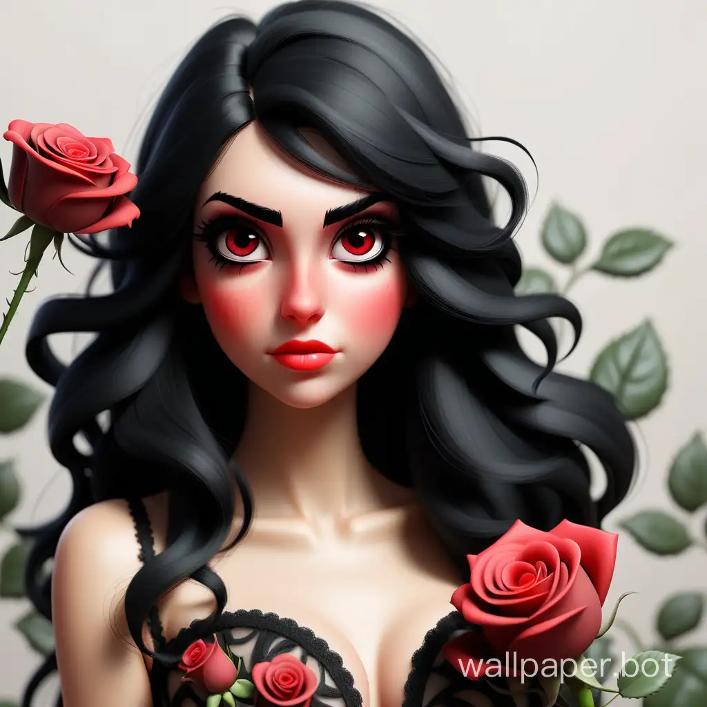 красивая девушка в гигапикселях .чёрные волосы. длинные ресницы. виден каждый волосок. красная роза