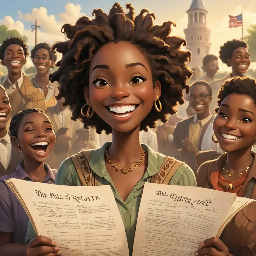 Cartoon-style African Americans bill of rights smiling