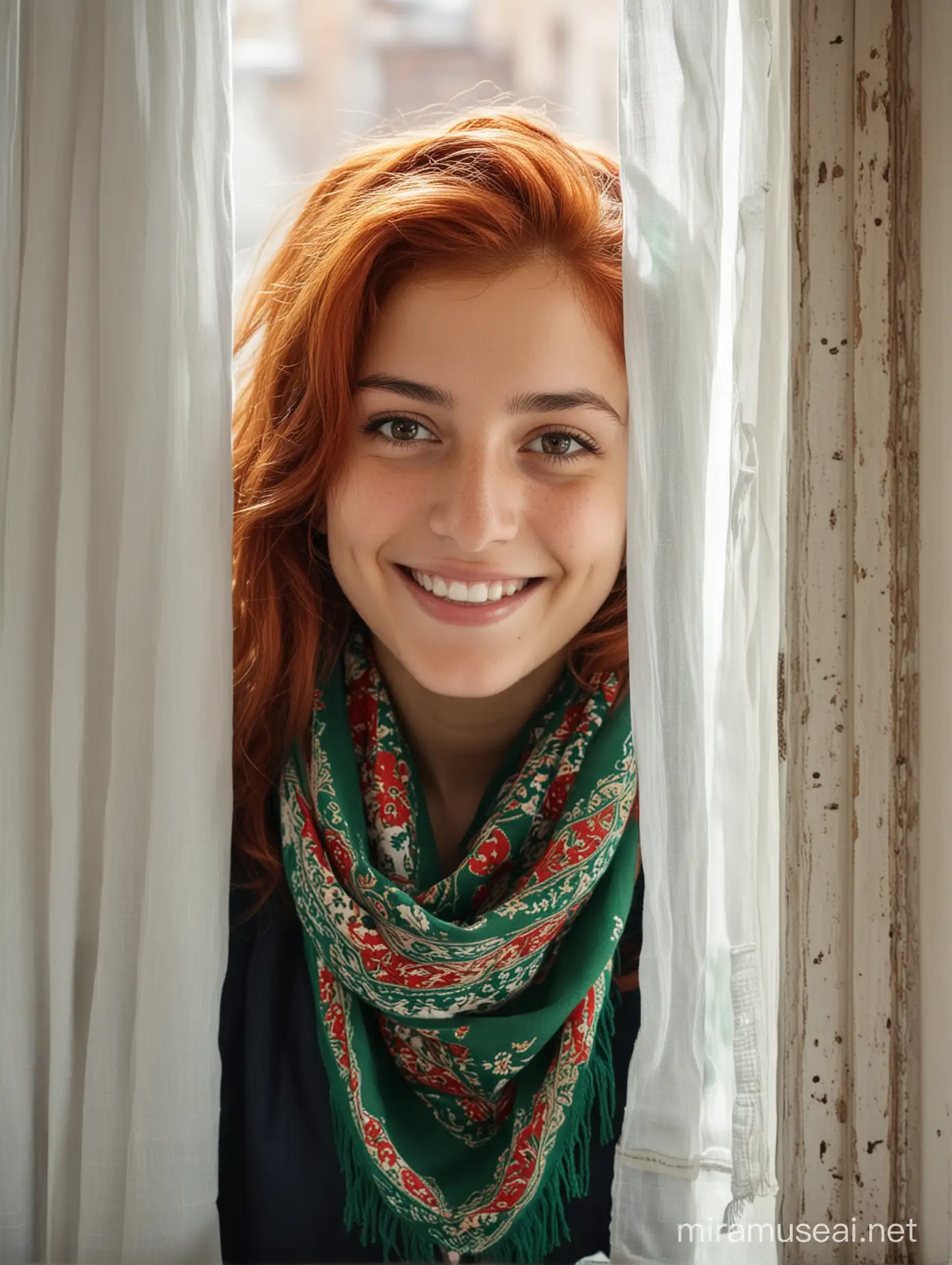 A young girl with red hair and an Iranian face and a small green scarf is smiling next to an old window with a white curtain