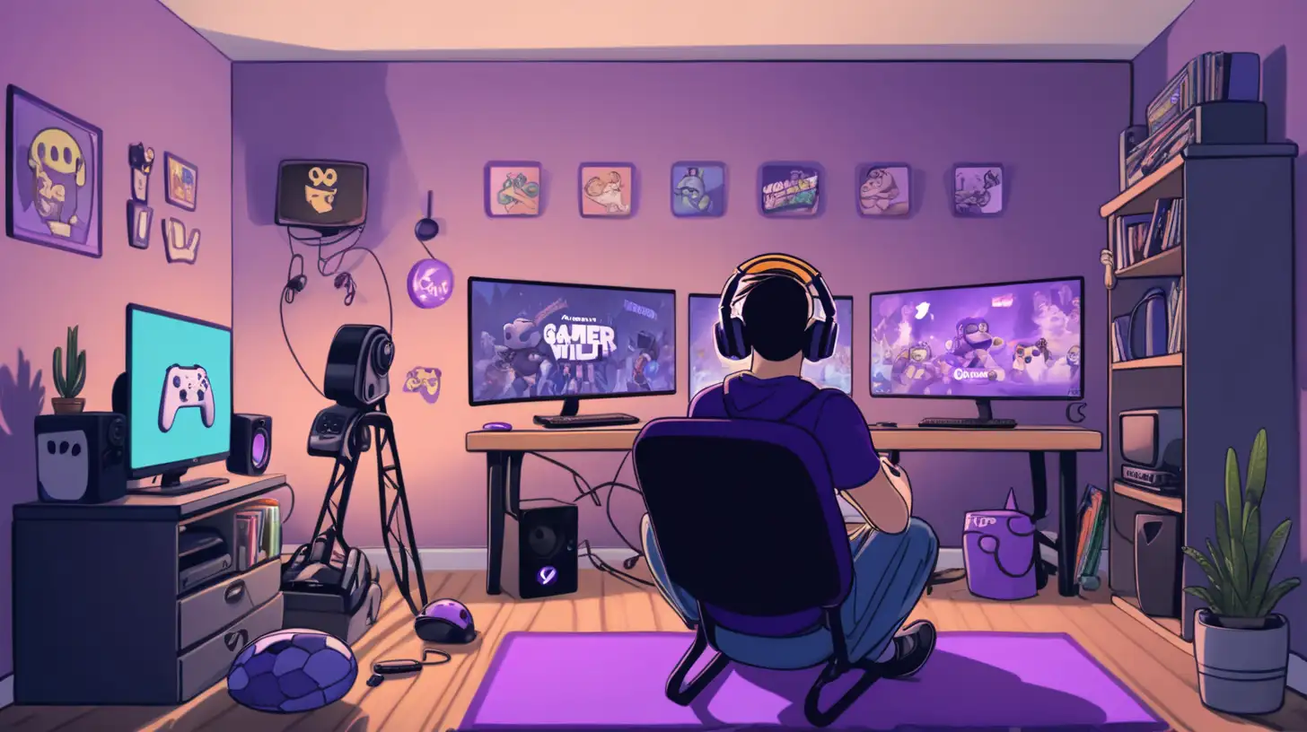 A gamer sits in their room, streaming live on Twitch to their audience. Describe the scene and the gamer's interaction with their viewers. Cartoon.