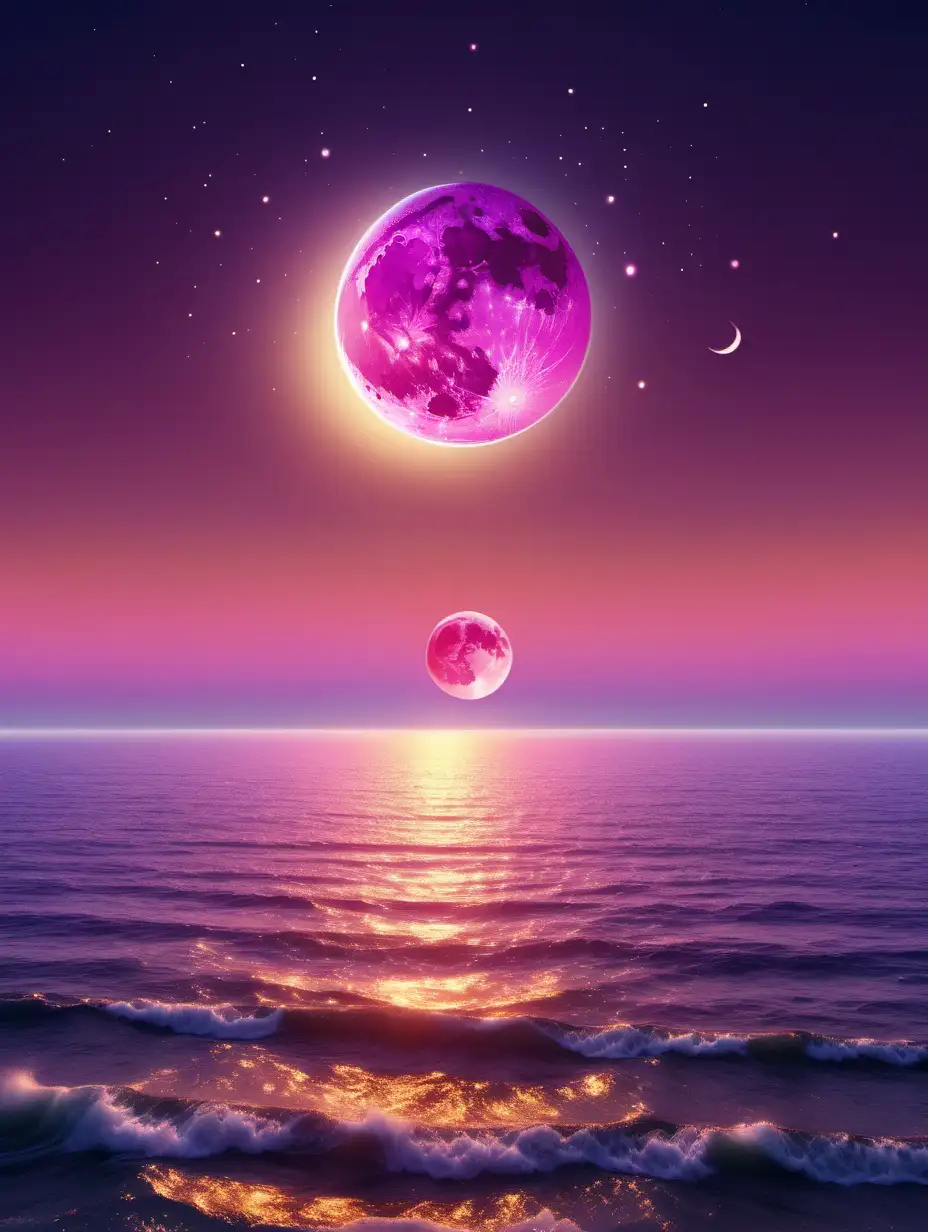 Many planets in the sky, crescent moon, the sun is bright, sunset, pink peach purple sky, over the sea