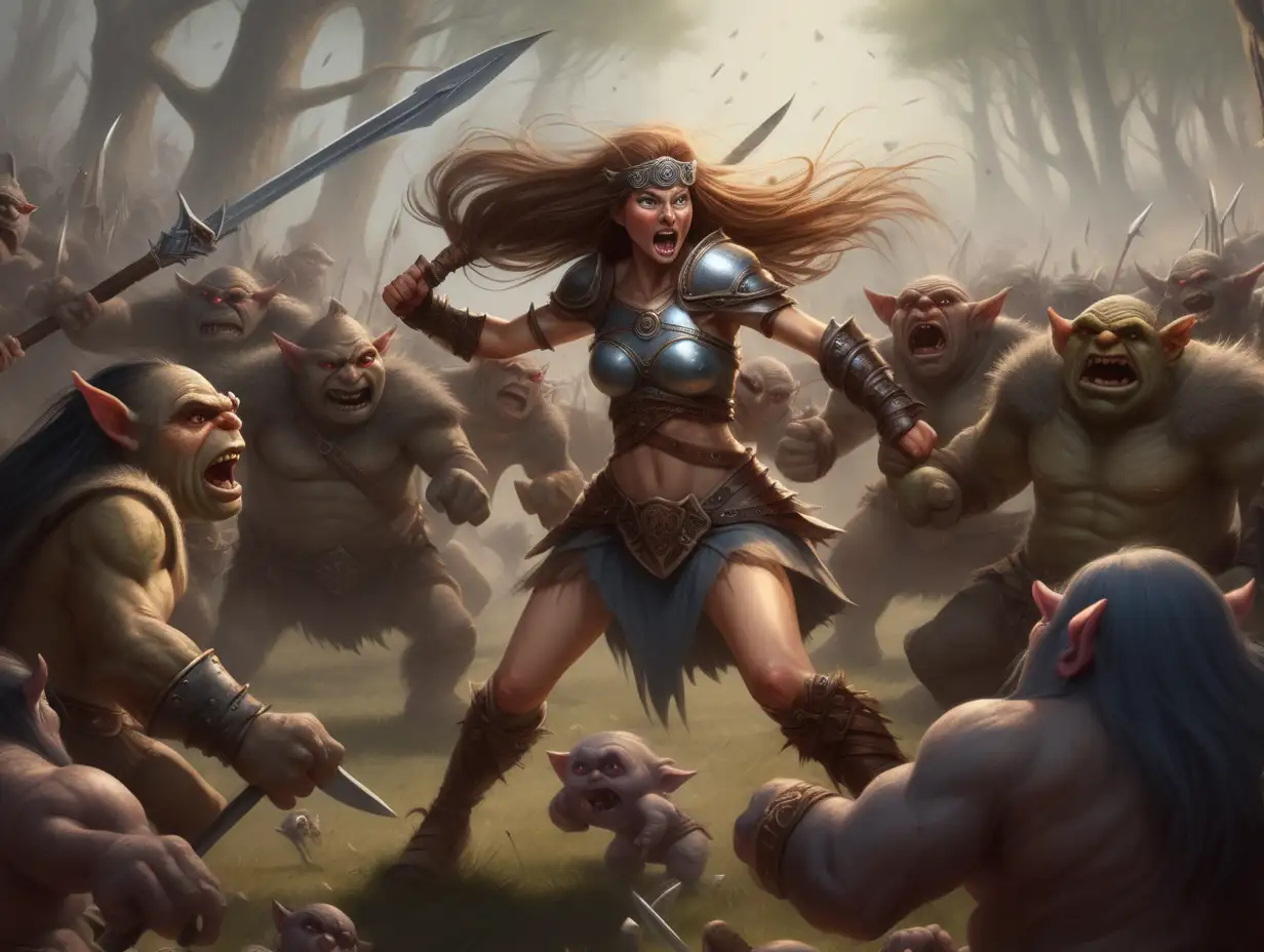 Courageous Warrior Princess Battling Trolls in Epic Fantasy Encounter