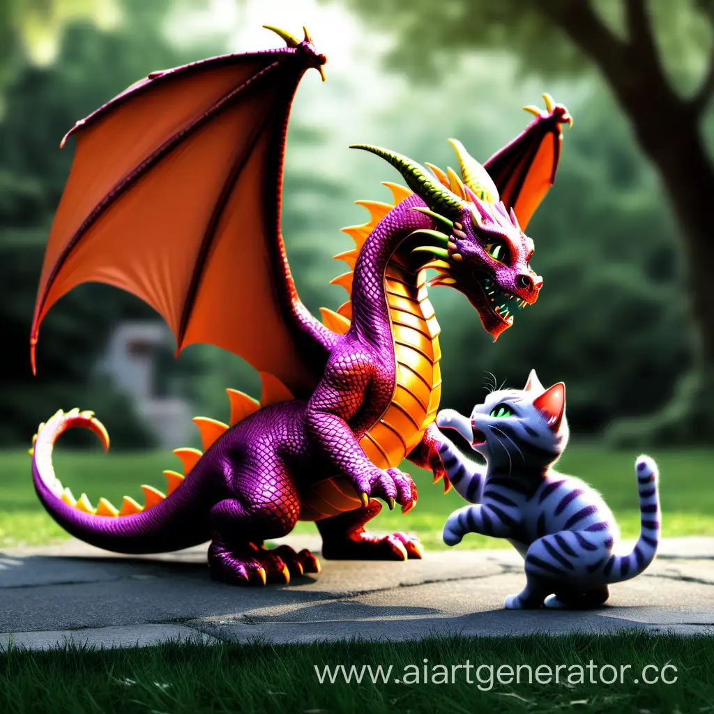 dragon playing with a cat 