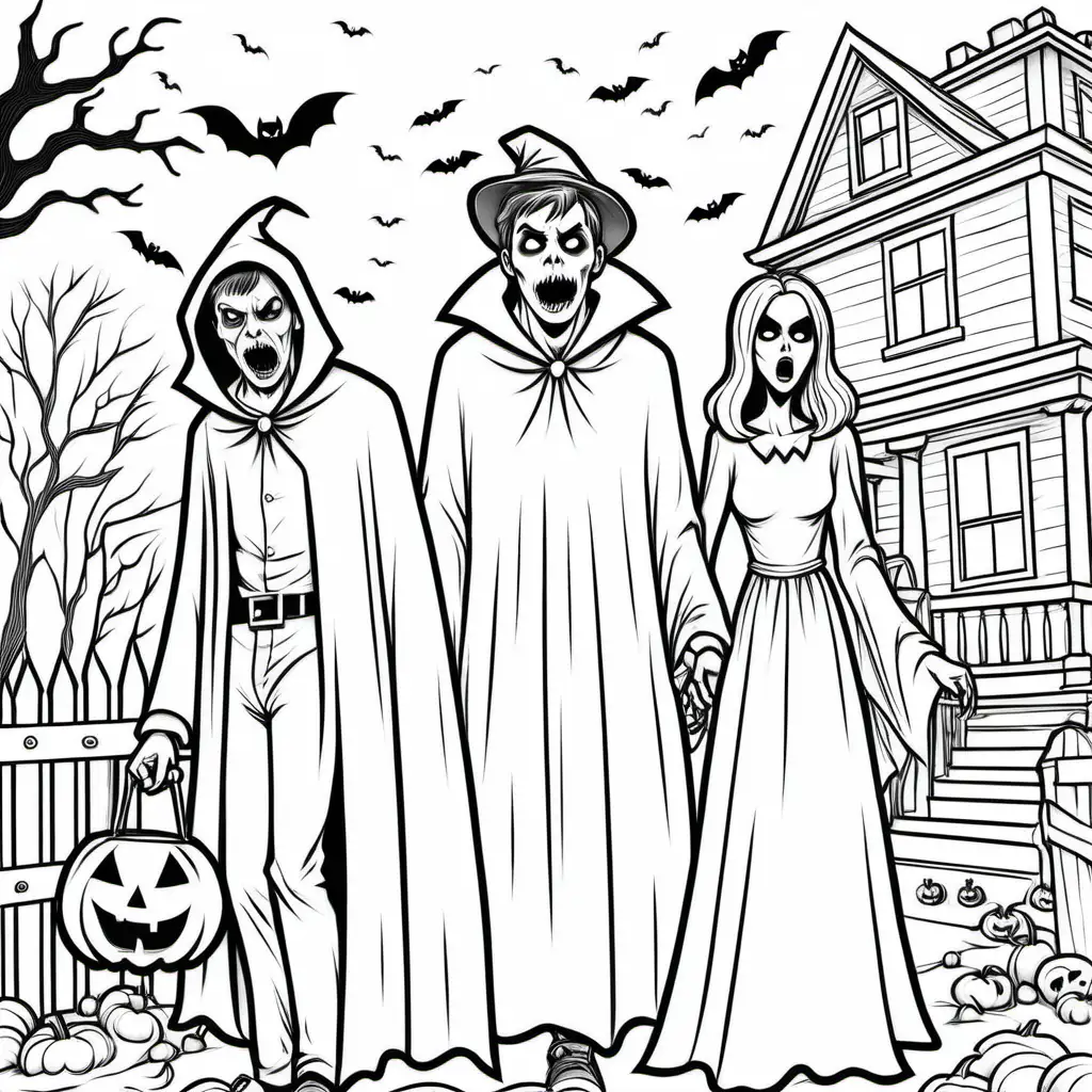 simple black and white color book picture of a couple young men and women being scary at halloween, for coloring